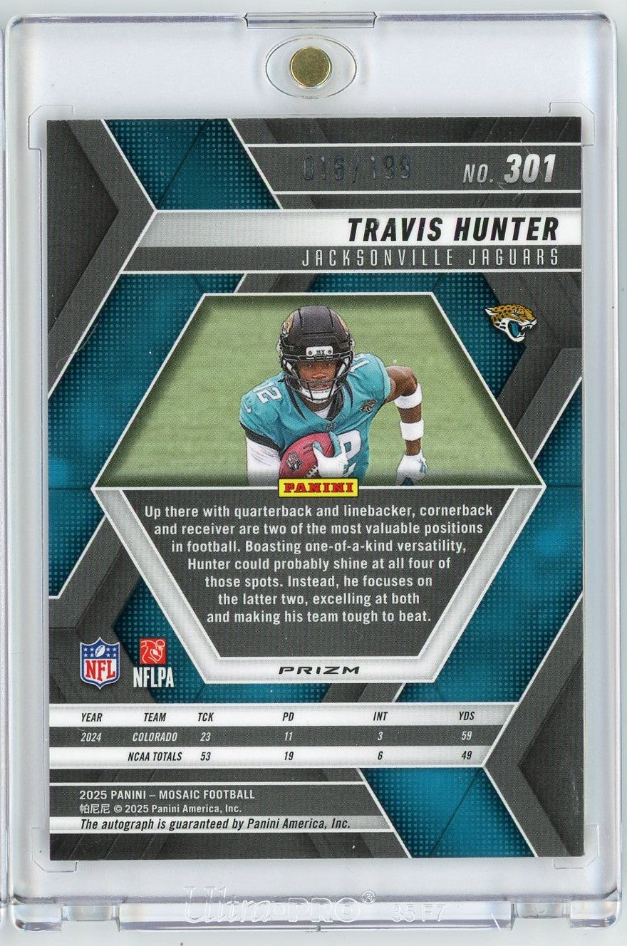 2025 Panini Mosaic Travis Hunter #301 /199 Red Mosaic Auto Rookie RC Football Card