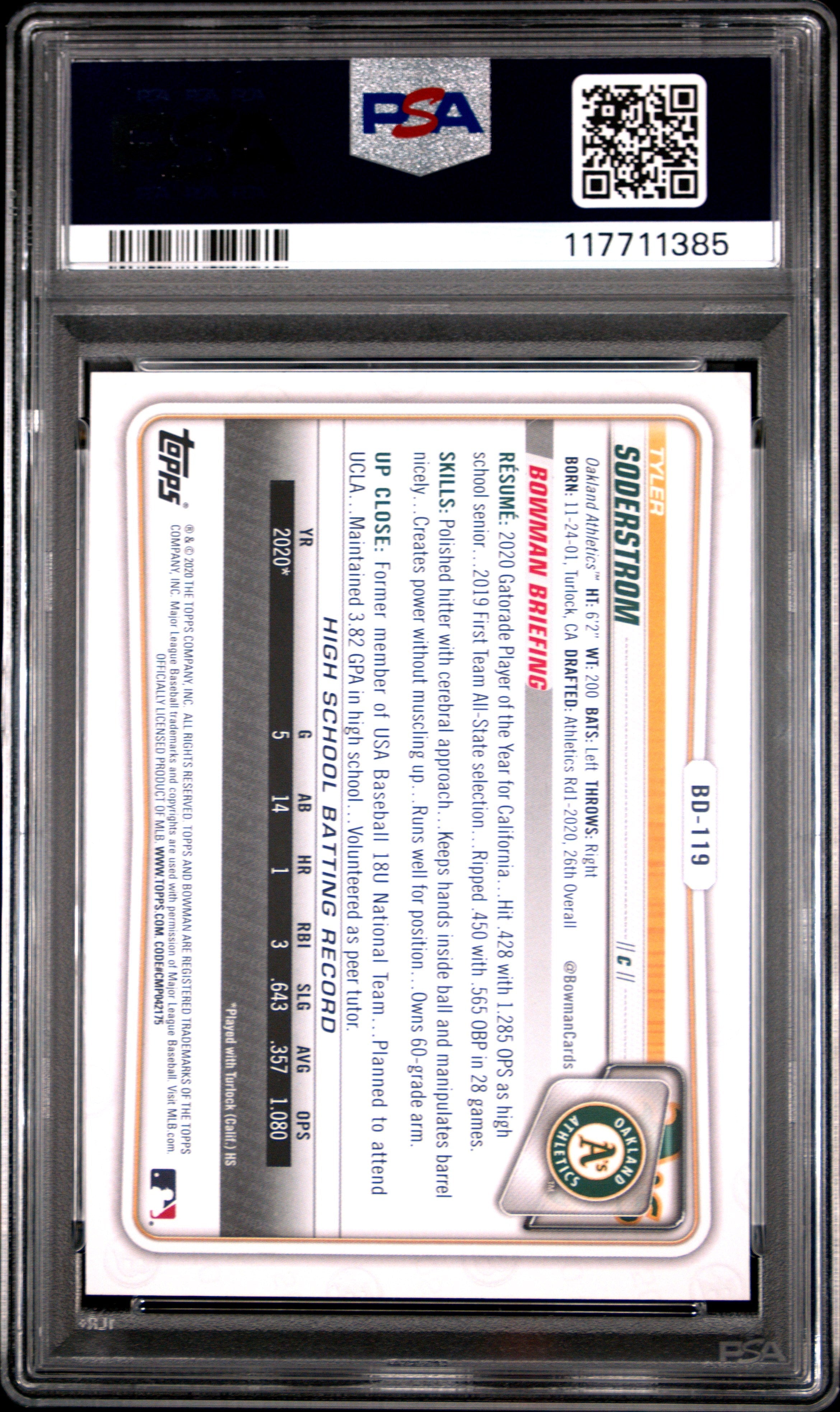 Graded 2020 Topps Bowman Draft Tyler Soderstrom #BD119 Rookie RC Baseball Card PSA 9 Mint