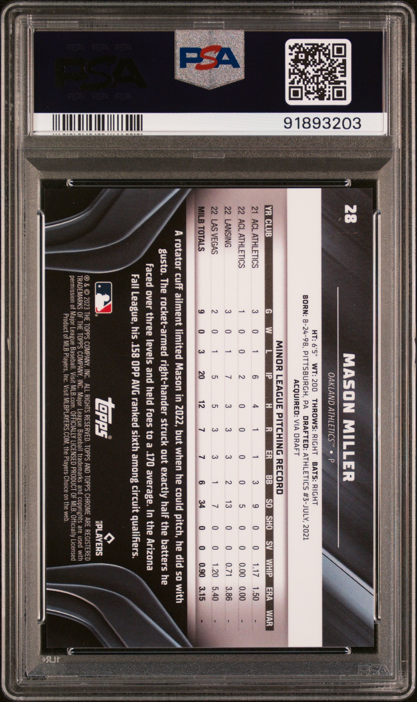 Graded 2023 Topps Chrome Black Mason Miller #28 Green Wave #/99 Rookie RC Baseball Card PSA 10 Gem Mint
