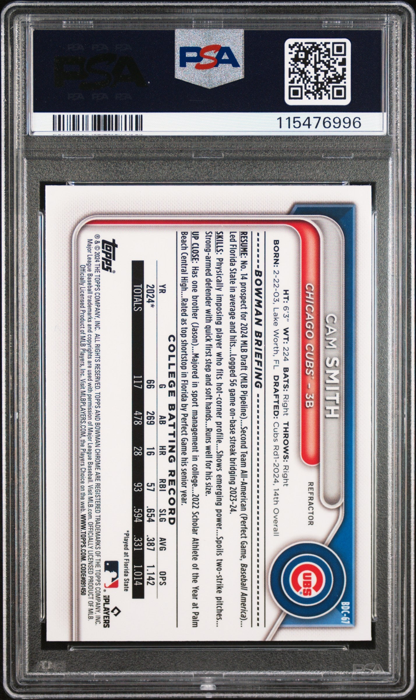 Graded 2024 Topps Bowman Draft Cam Smith #BDC67 Chrome Refractor Rookie RC Baseball Card PSA 10 Gem Mint