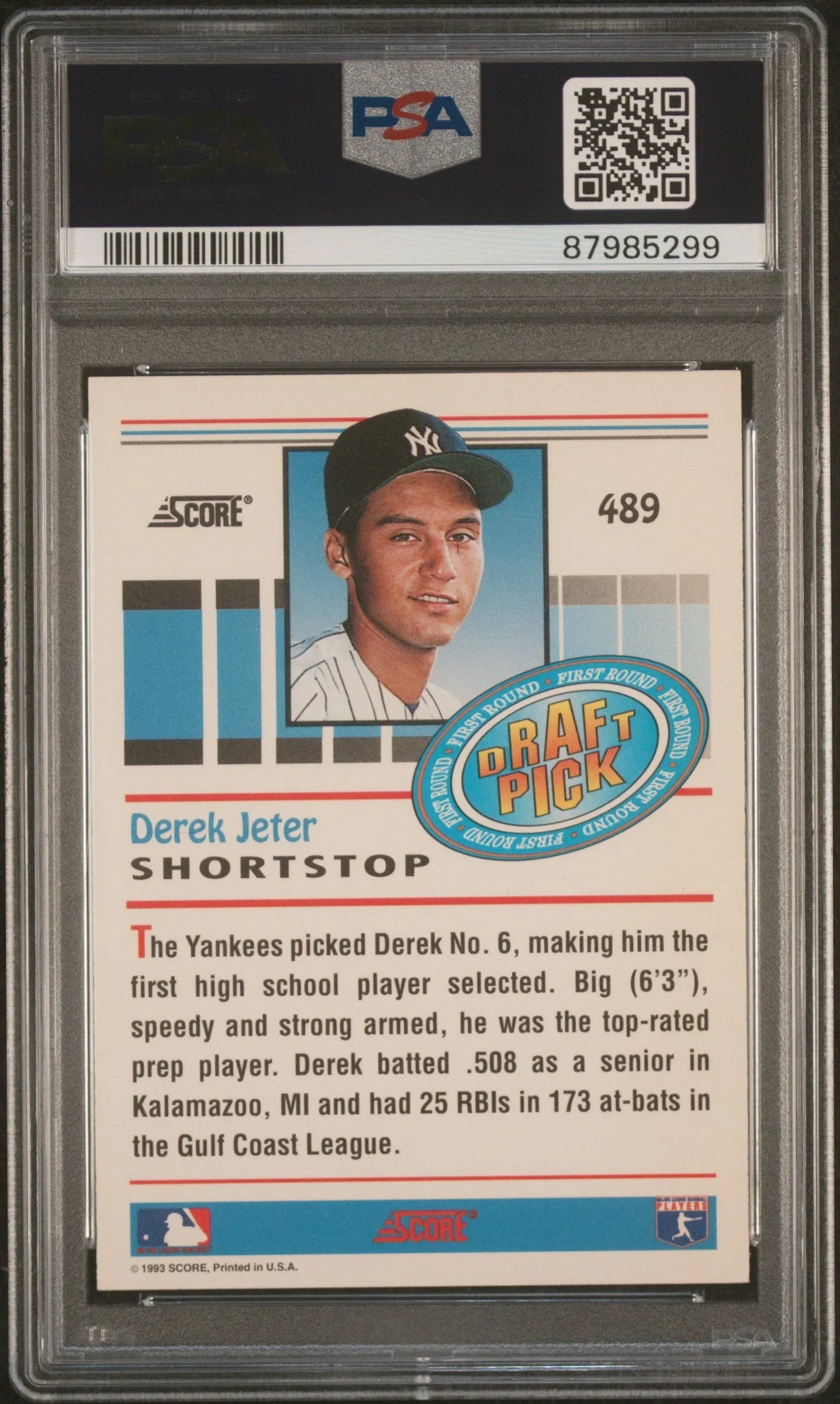 Graded 1993 Score Derek Jeter #489 Rookie RC Baseball Card PSA 10 Gem Mint