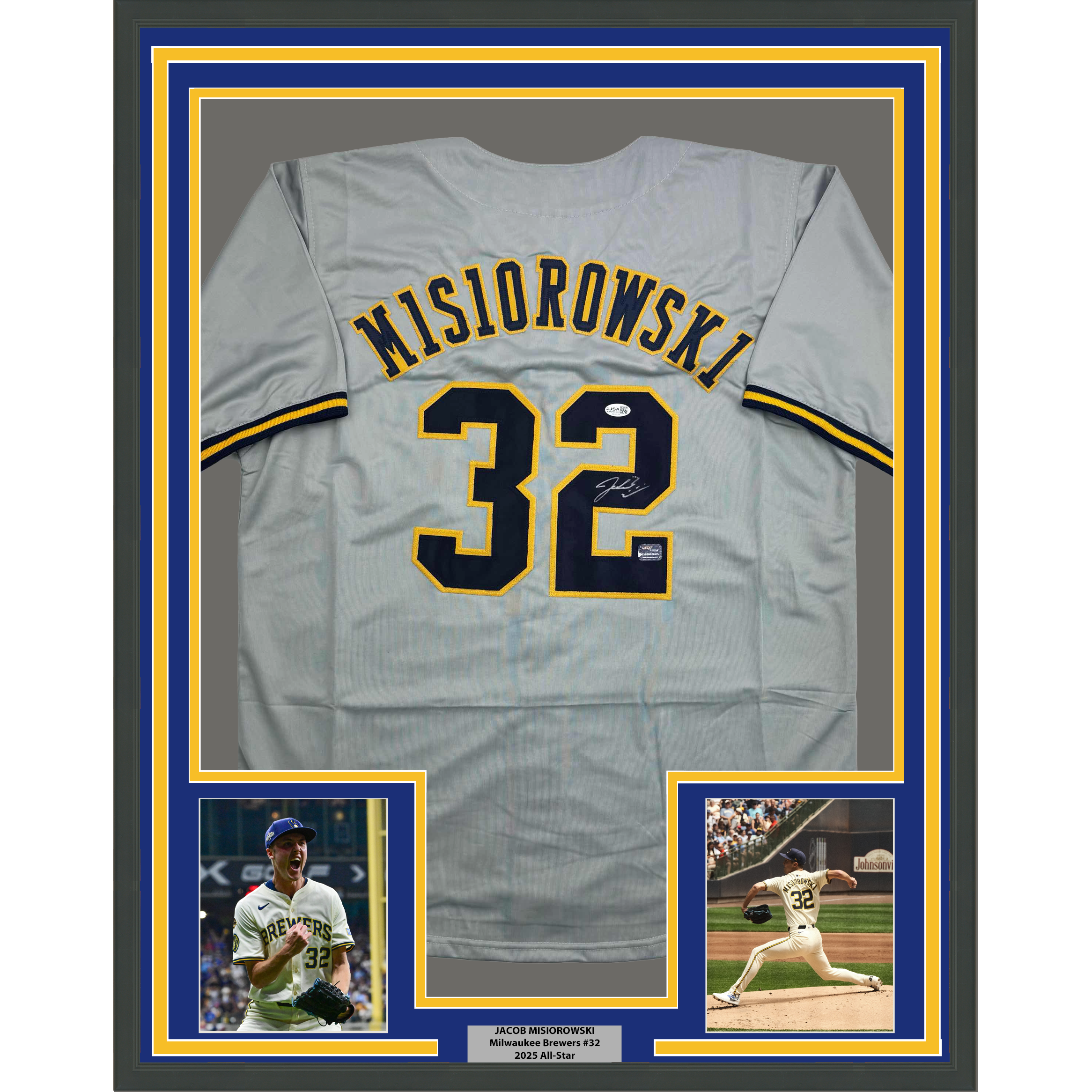 Framed Autographed/Signed Jacob Misiorowski 35x39 Milwaukee Grey Baseball Jersey JSA COA