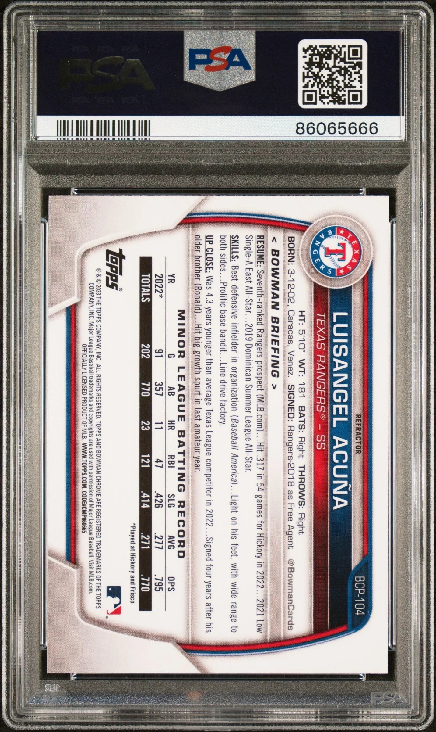 Graded 2023 Topps Bowman Luisangel Acuna #BCP104 Chrome Prospects Lunar Glow Refractor Rookie RC Baseball Card PSA 10 Gem Mint