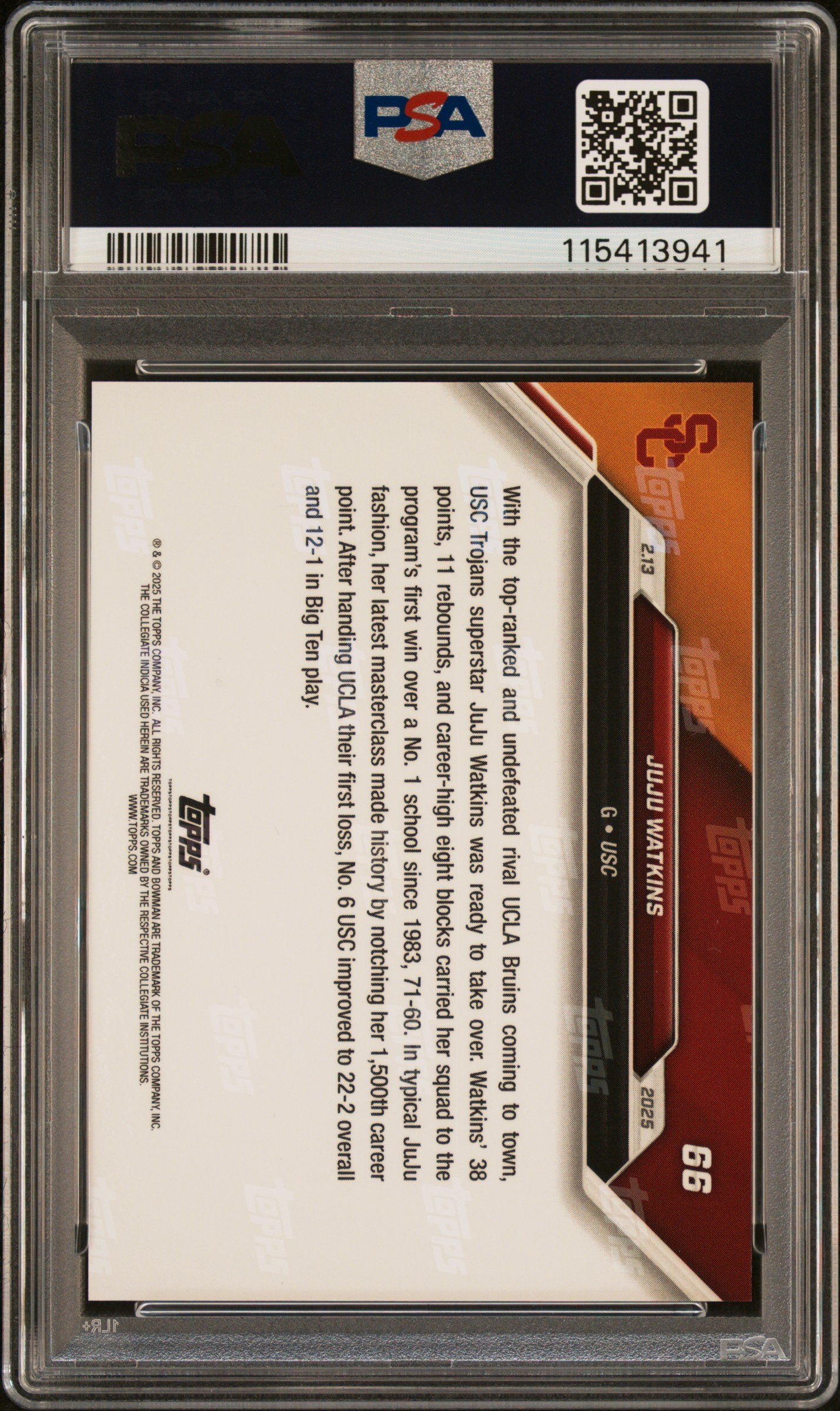 Graded 2024 Topps Bowman U Now JuJu Watkins #66 Blue /49 Rookie RC Basketball Card PSA 10 Gem Mint