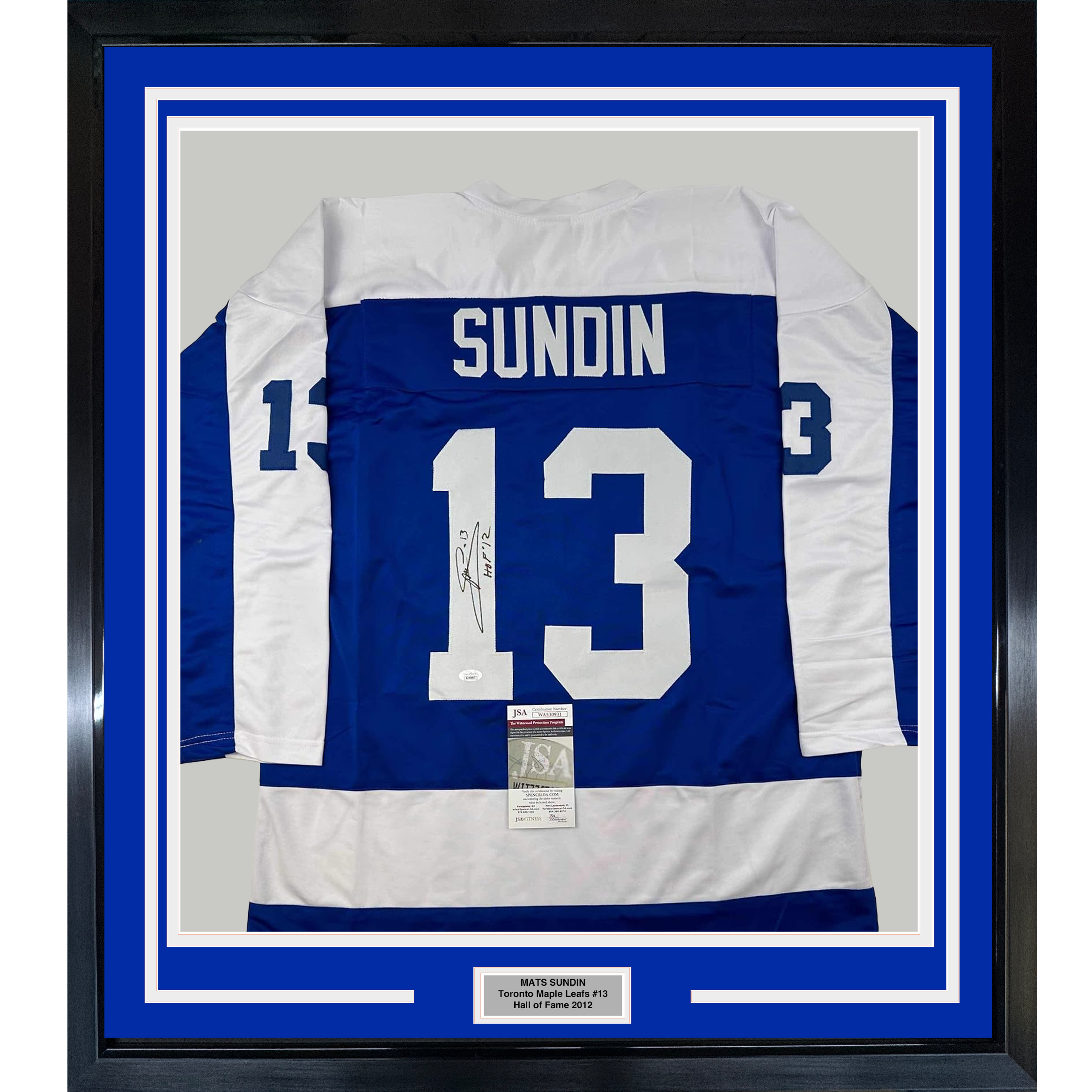 Framed Autographed/Signed Mats Sundin 35x39 HOF 12 Toronto Blue Hockey Jersey JSA COA