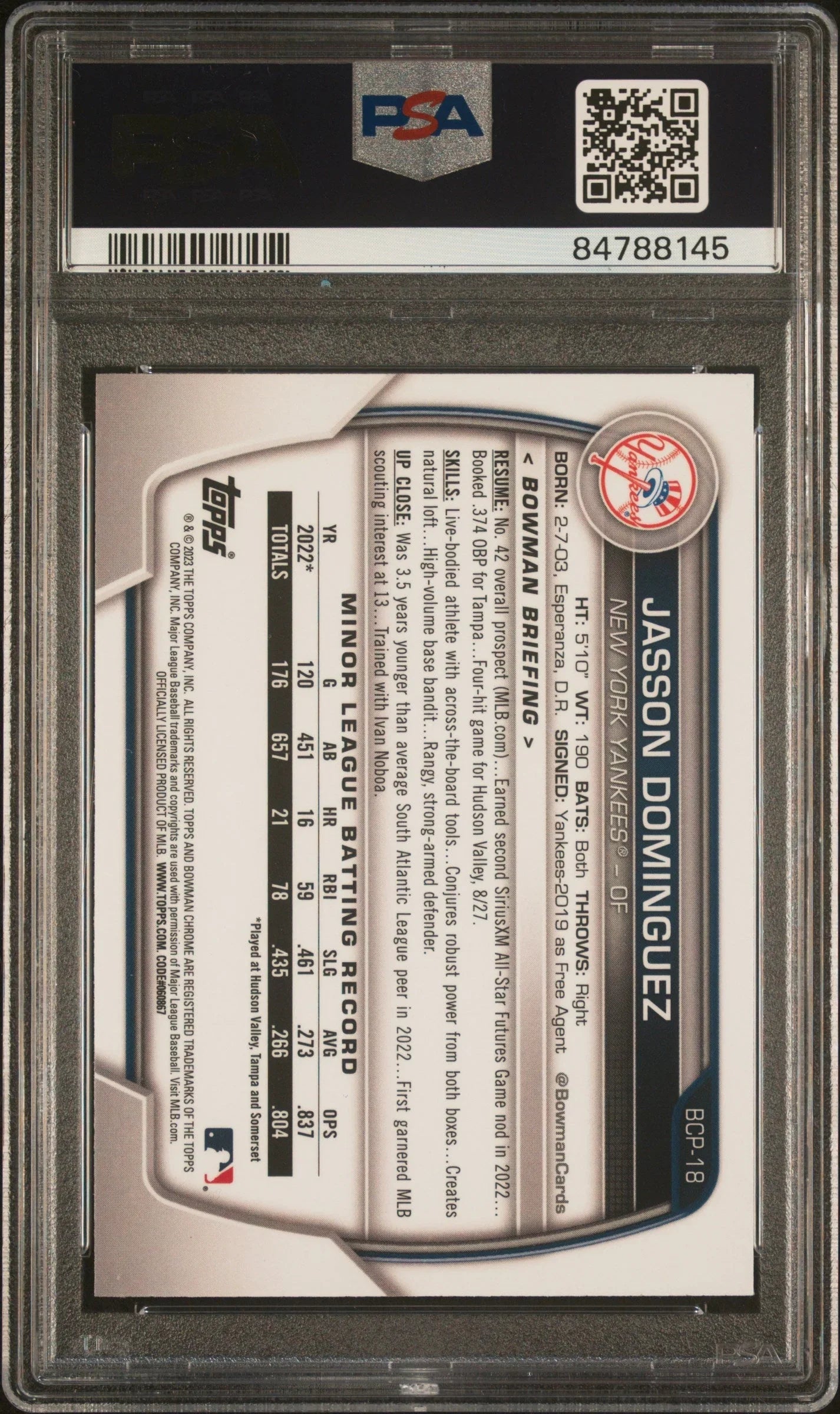 Graded 2023 Topps Bowman Chrome M/B Jasson Dominguez #18 Chrome Rookie RC Baseball Card PSA 10 Gem Mint
