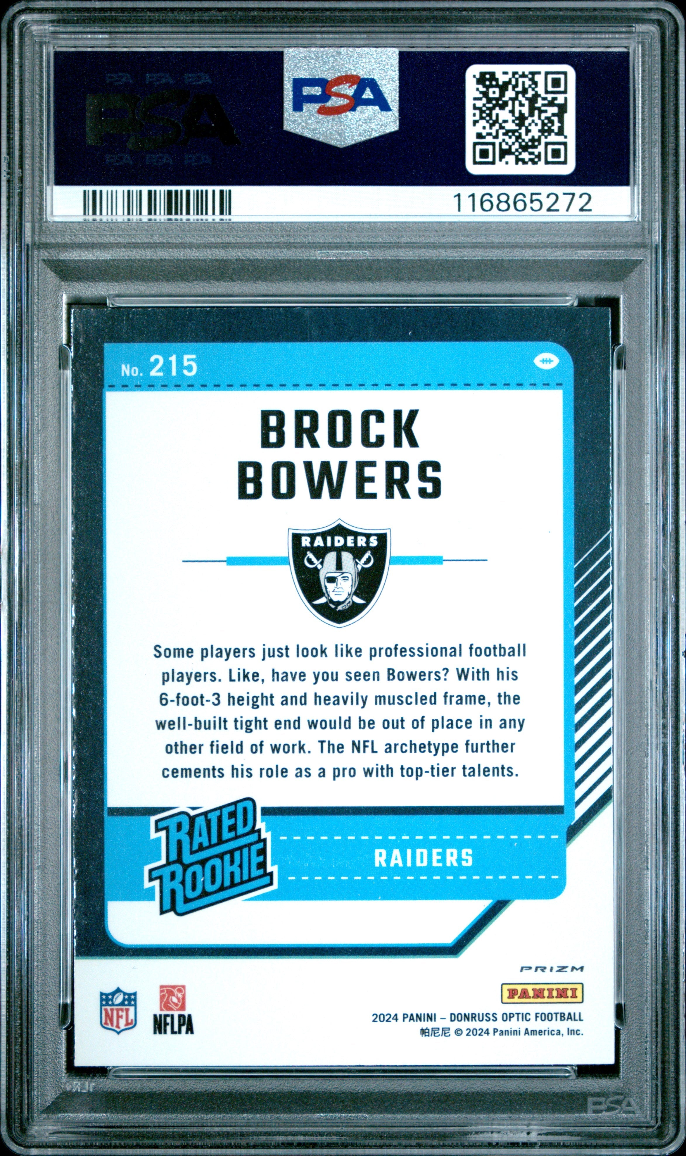 Graded 2024 Panini Donruss Optic Brock Bowers #215 Purple Shock Rookie RC Football Card PSA 10 Gem Mint