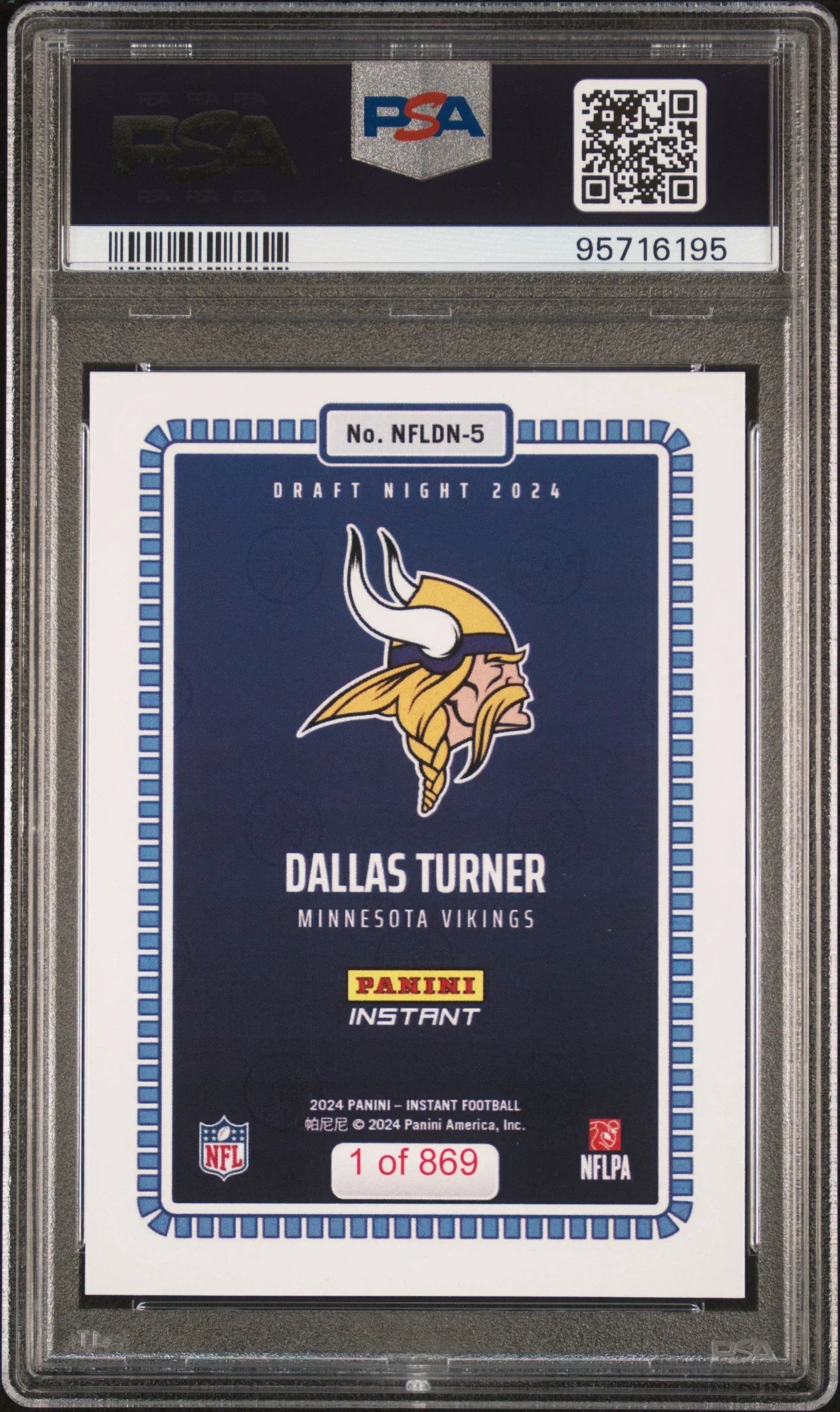 Graded 2024 Panini Instant NFL Dallas Turner #5 Draft Night Rookie RC Football Card PSA 9 Mint