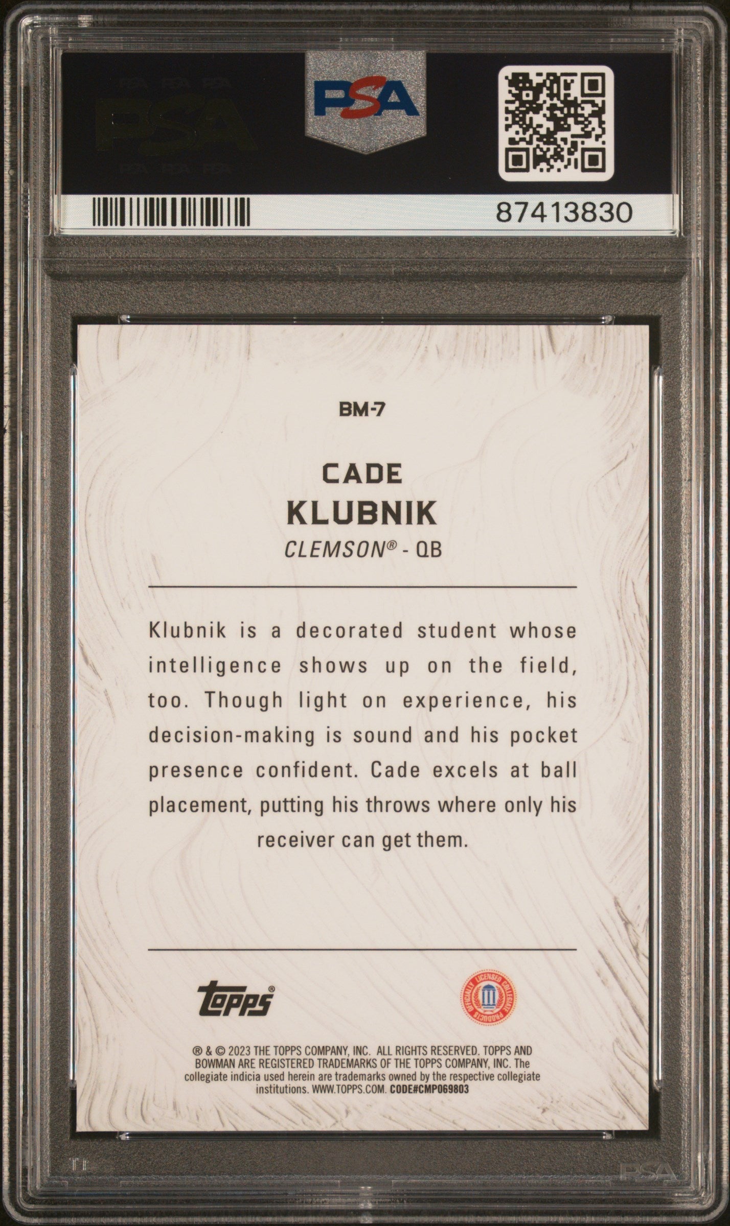 Graded 2023 Topps Bowman U Best Cade Klubnik #BM7 Masterpieces Geometric Rookie RC Football Card PSA 10 Gem Mint