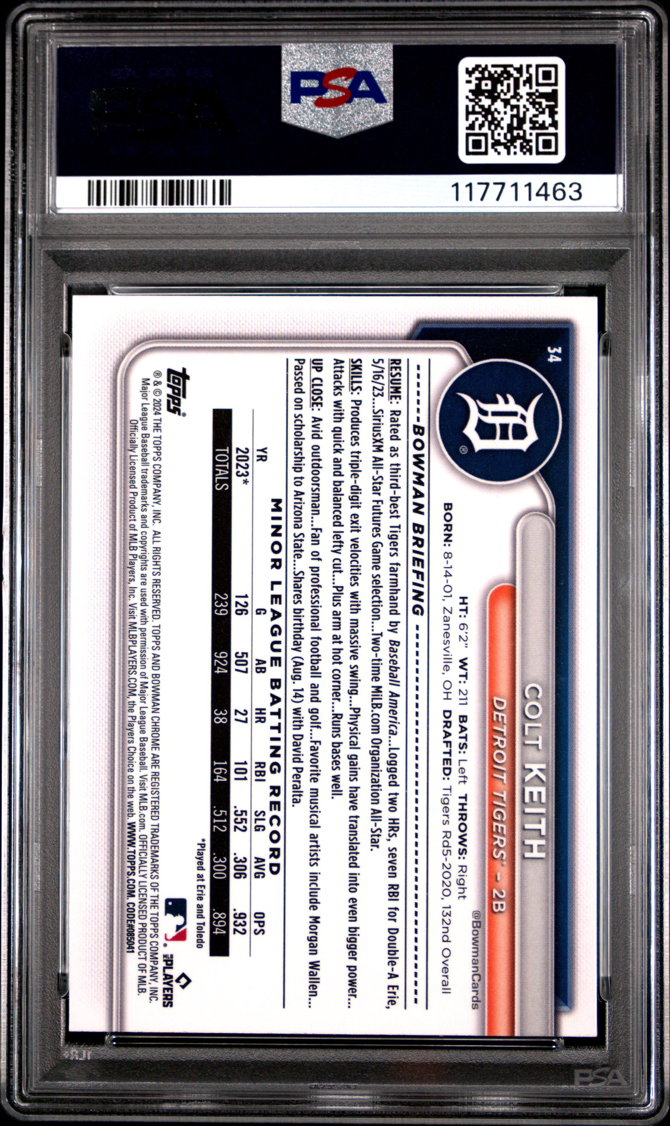 Graded 2024 Topps Bowman Chrome Colt Keith #34 Rookie RC Baseball Card PSA 9 Mint