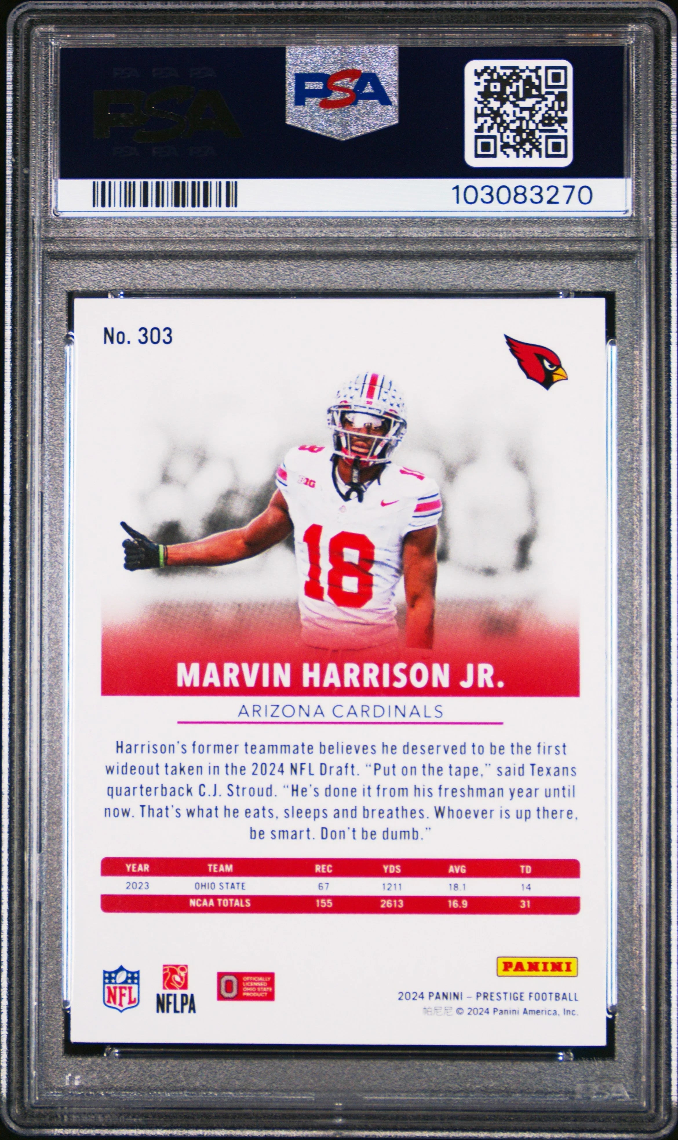 Graded 2024 Panini Prestige Marvin Harrison Jr #303 Rookie RC Football Card PSA 10 Gem Mint