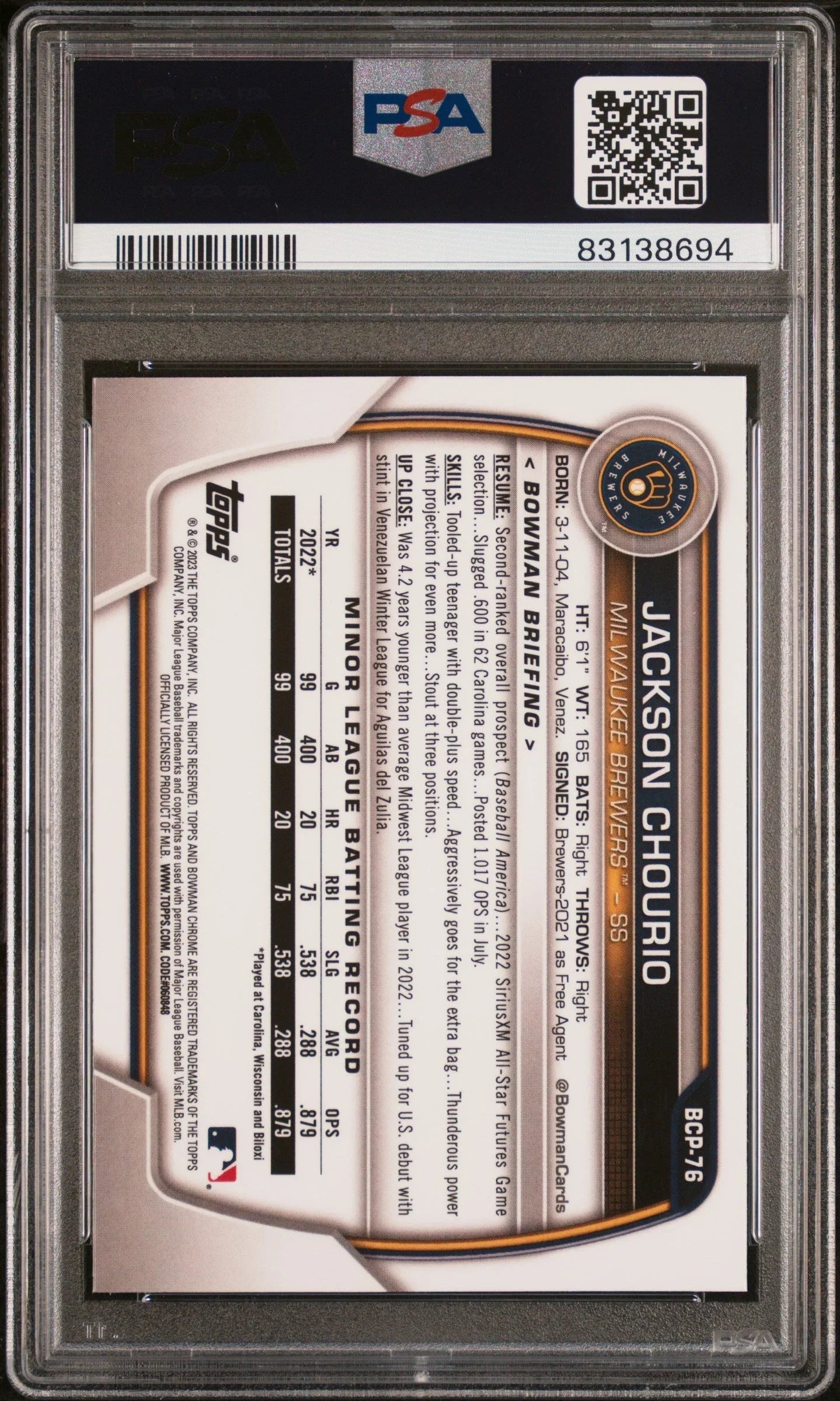 Graded 2023 Topps Bowman Sapphire Jackson Chourio #BCP76 Chrome Prospects Rookie RC Baseball Card PSA 10 Gem Mint