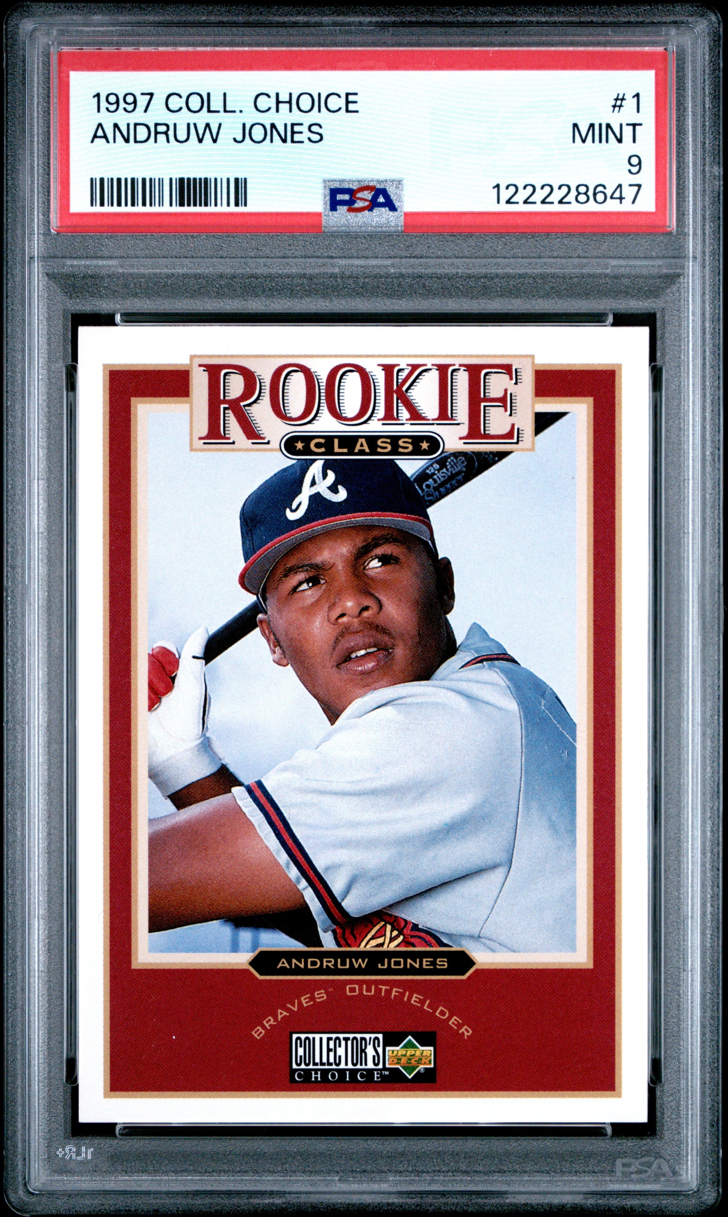 Graded 1997 Upper Deck Collectors Choice Andruw Jones #1 Rookie RC Baseball Card PSA 9 Mint