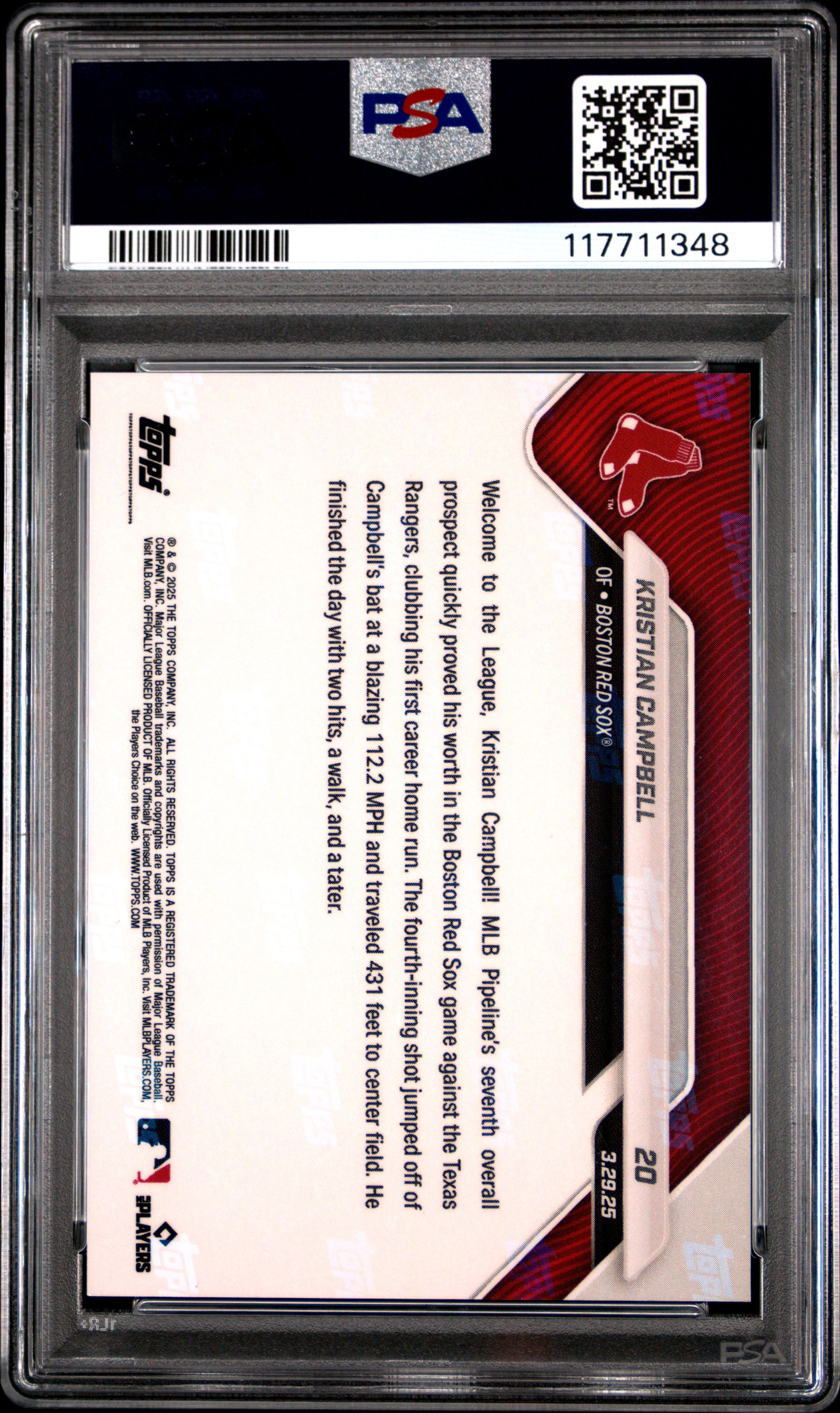 Graded 2025 Topps Now Kristian Campbell #20 Gold Foil /50 Rookie RC Baseball Card PSA 9 Near Mint