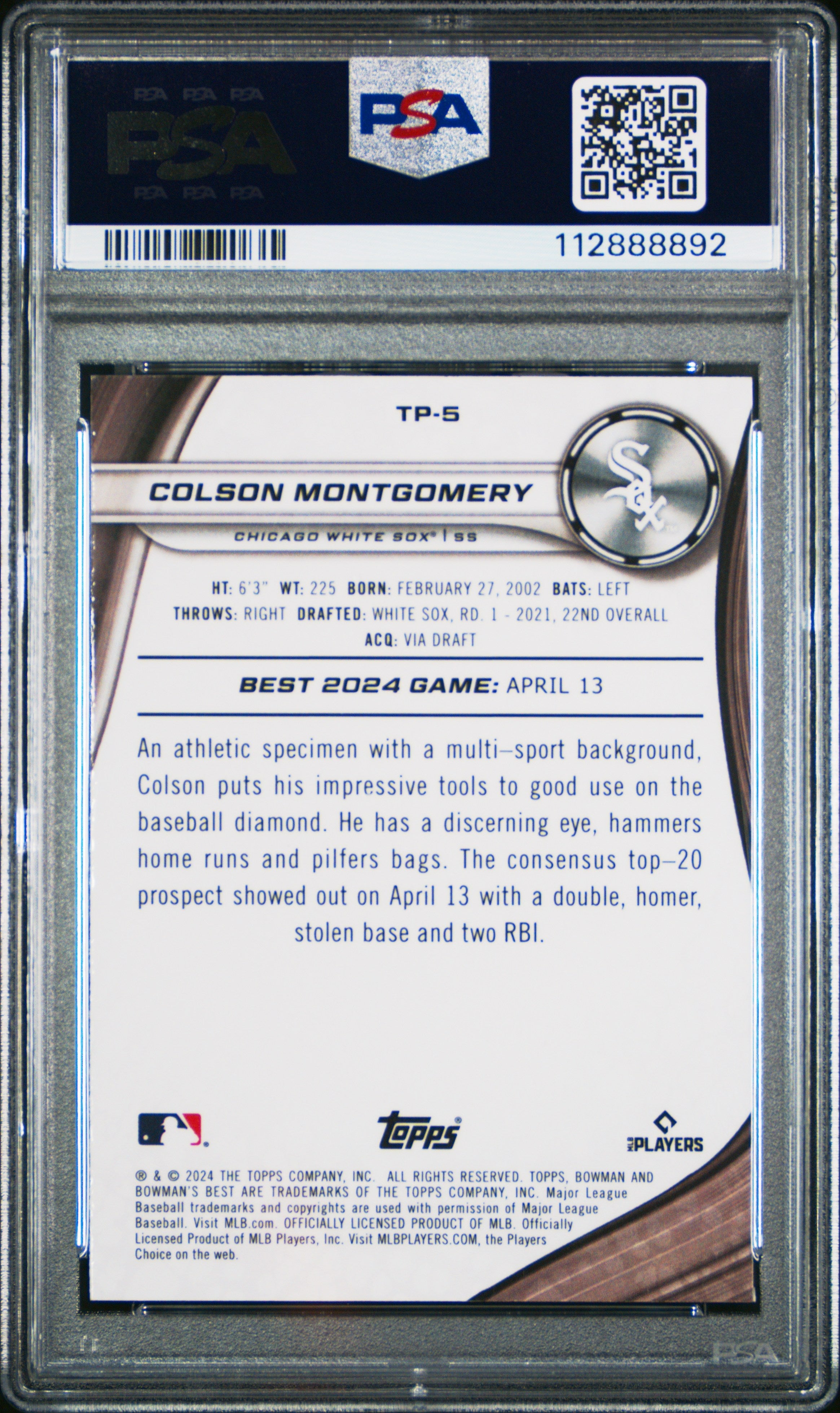 Graded 2024 Topps Bowmans Best Colson Montgomery #TP5 Top Prospects Yellow Lazer /75 Rookie RC Baseball Card PSA 10 Gem Mint