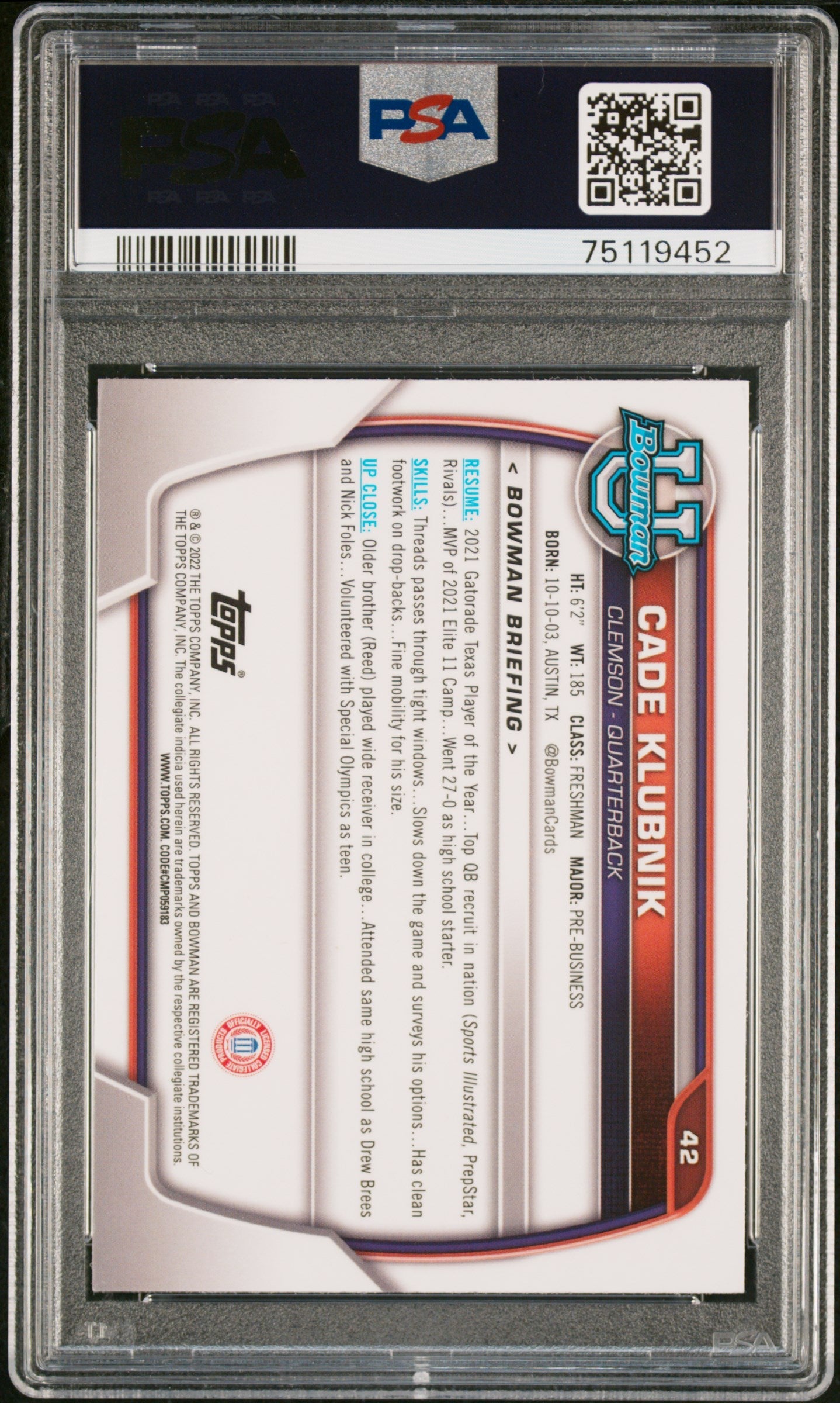 Graded 2022 Topps Bowman University Cade Klubnik #42 Chrome Prospects Rookie RC Football Card PSA 10 Gem Mint