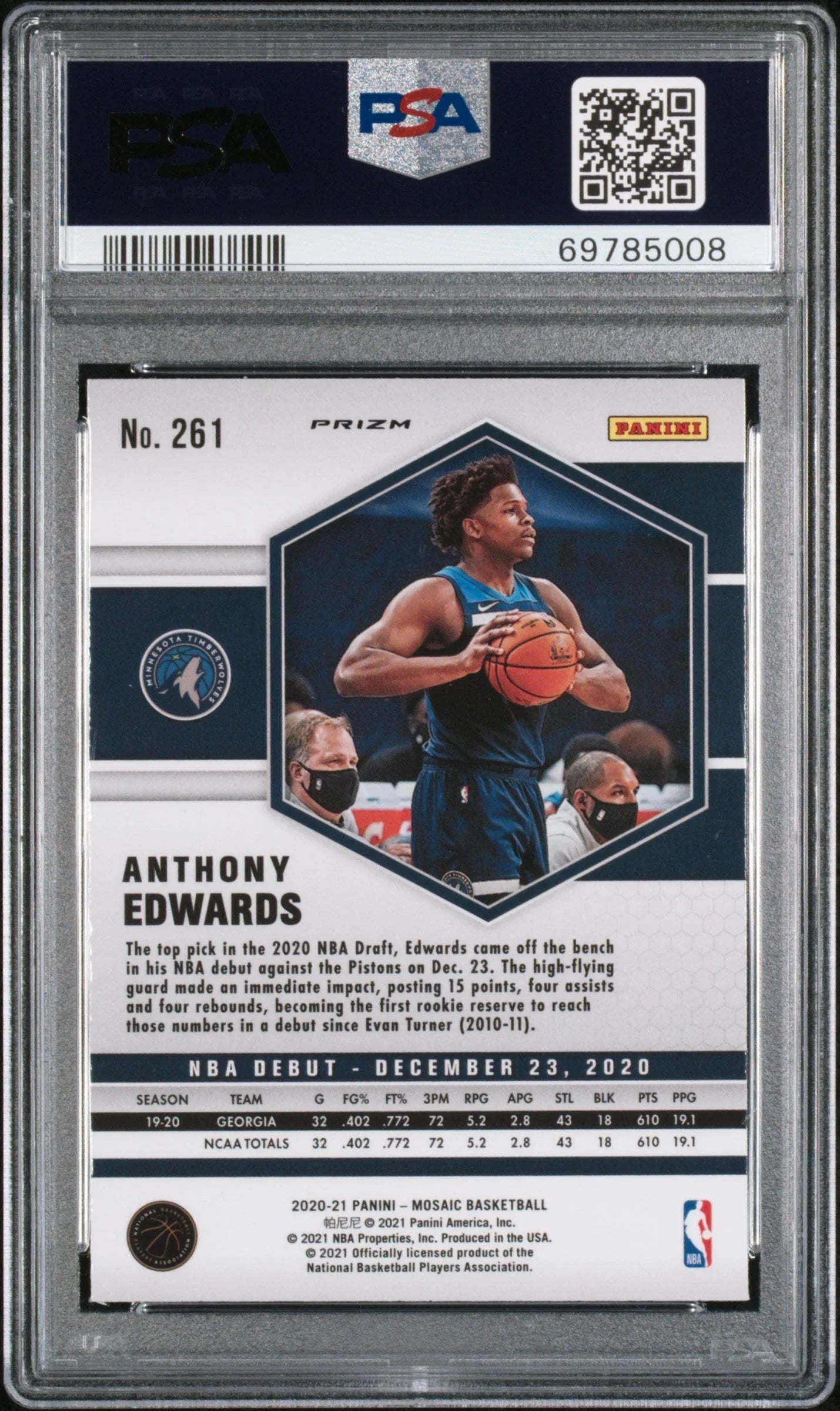 Graded 2020-21 Panini Mosaic Anthony Edwards #261 Reactive Blue Rookie RC Basketball Card PSA 10 Gem Mint