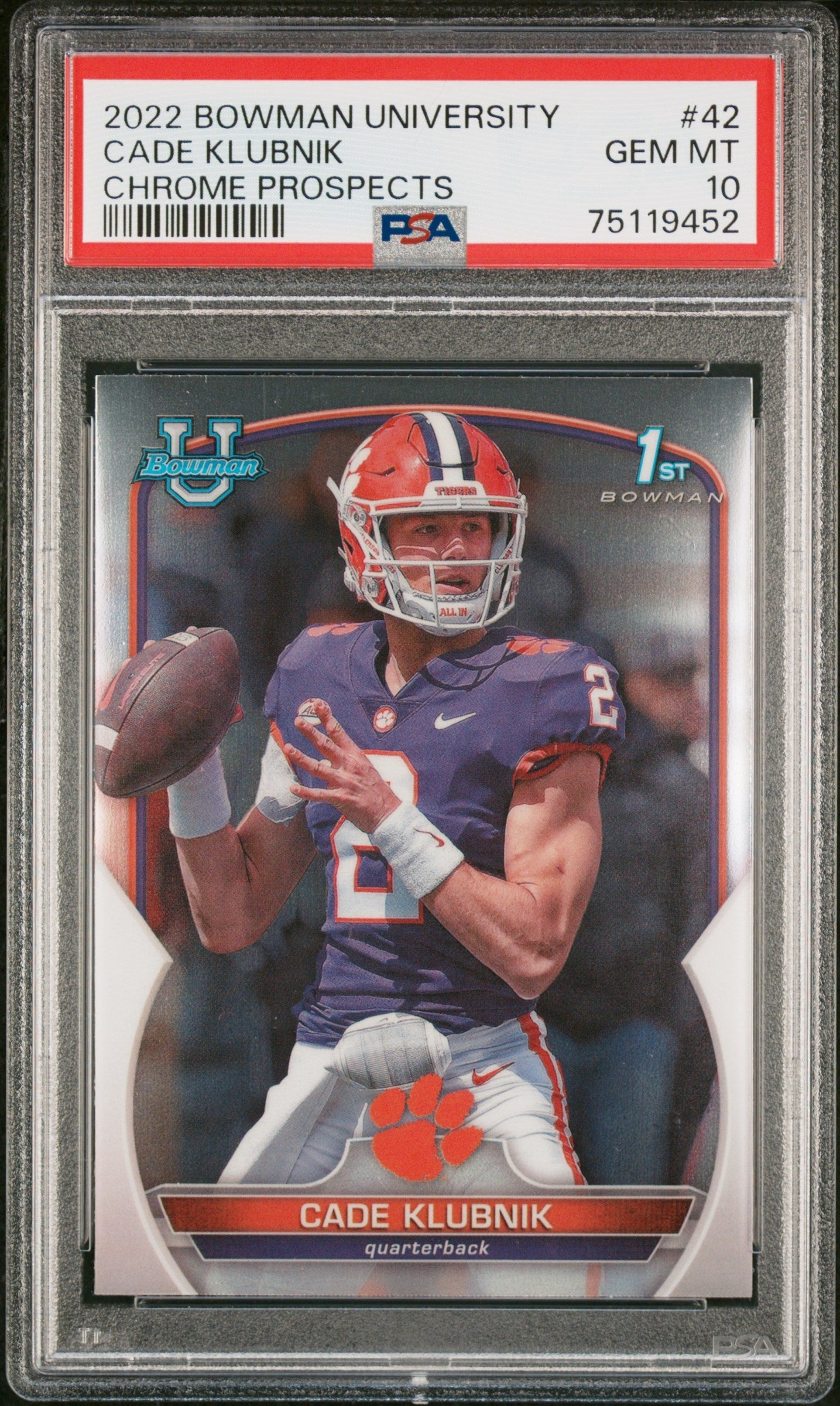 Graded 2022 Topps Bowman University Cade Klubnik #42 Chrome Prospects Rookie RC Football Card PSA 10 Gem Mint
