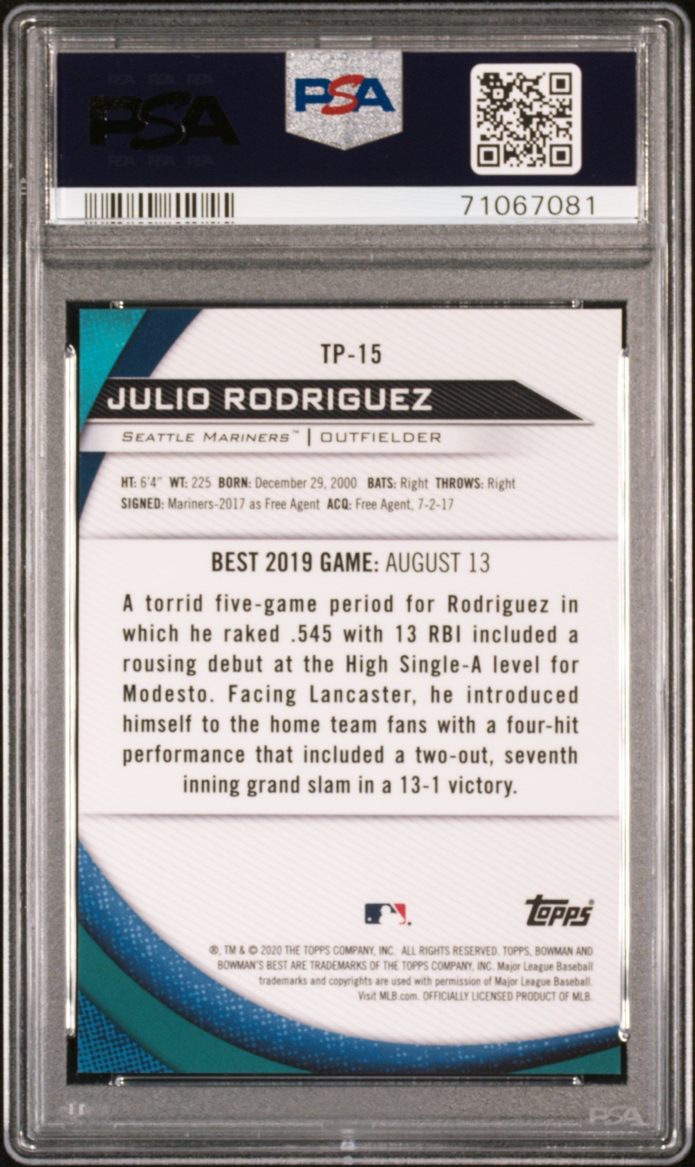 Graded 2020 Topps Bowmans Best Julio Rodriguez #TP15 Top Prospects Atomic Refractor Rookie RC Baseball Card PSA 10 Gem Mint