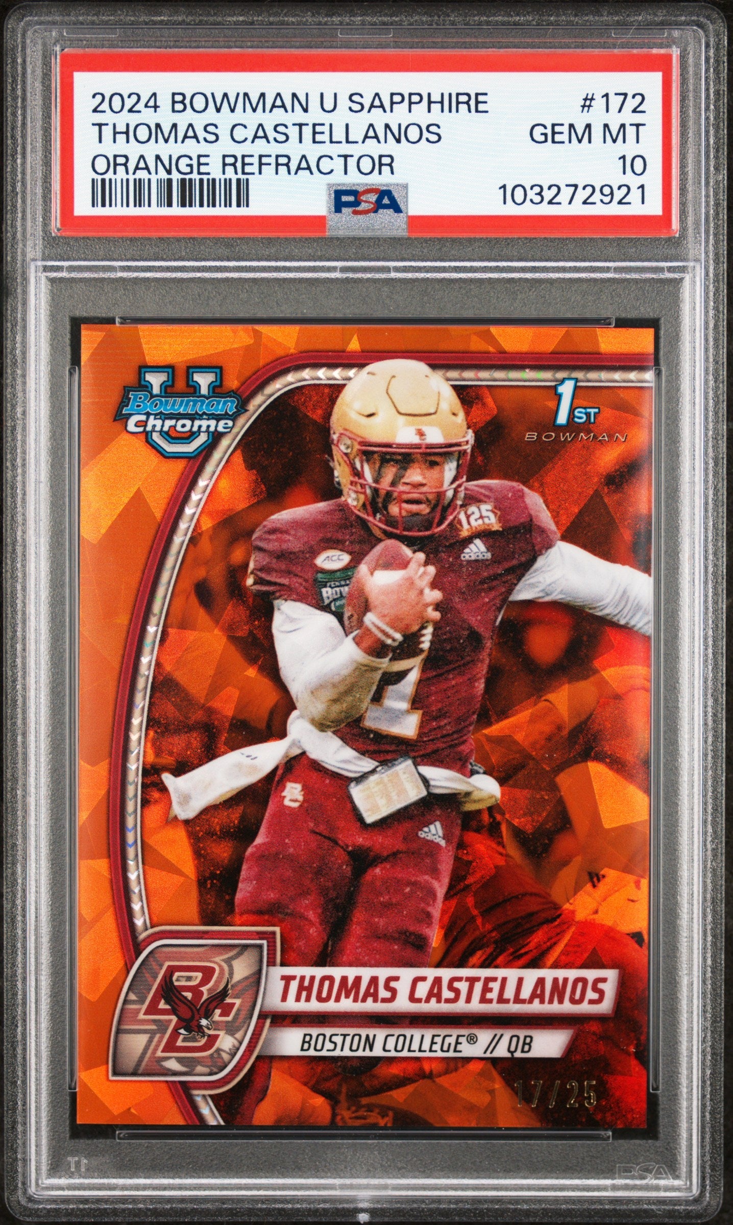 Graded 2024 Topps Bowman U Sapphire Thomas Castellanos #172 Orange Refractor /25 Rookie RC Football Card PSA 10 Gem Mint