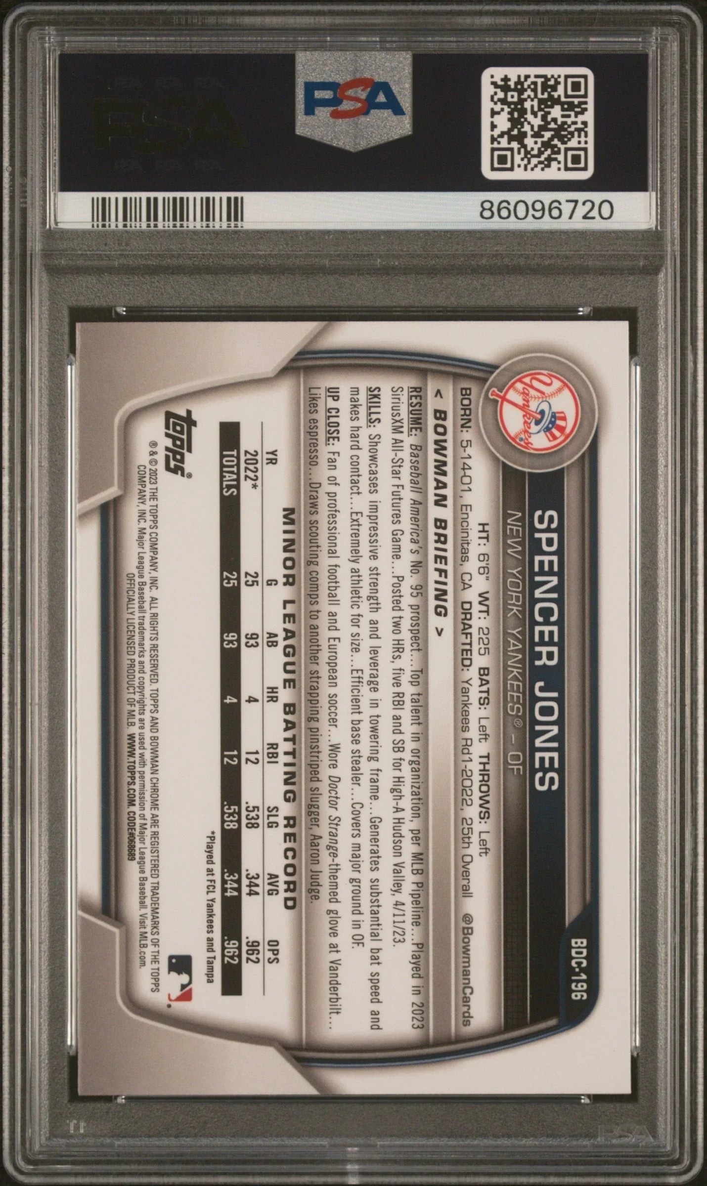 Graded 2023 Topps Bowman Draft Spencer Jones #BDC196 Chrome Rookie RC Baseball Card PSA 10 Gem Mint