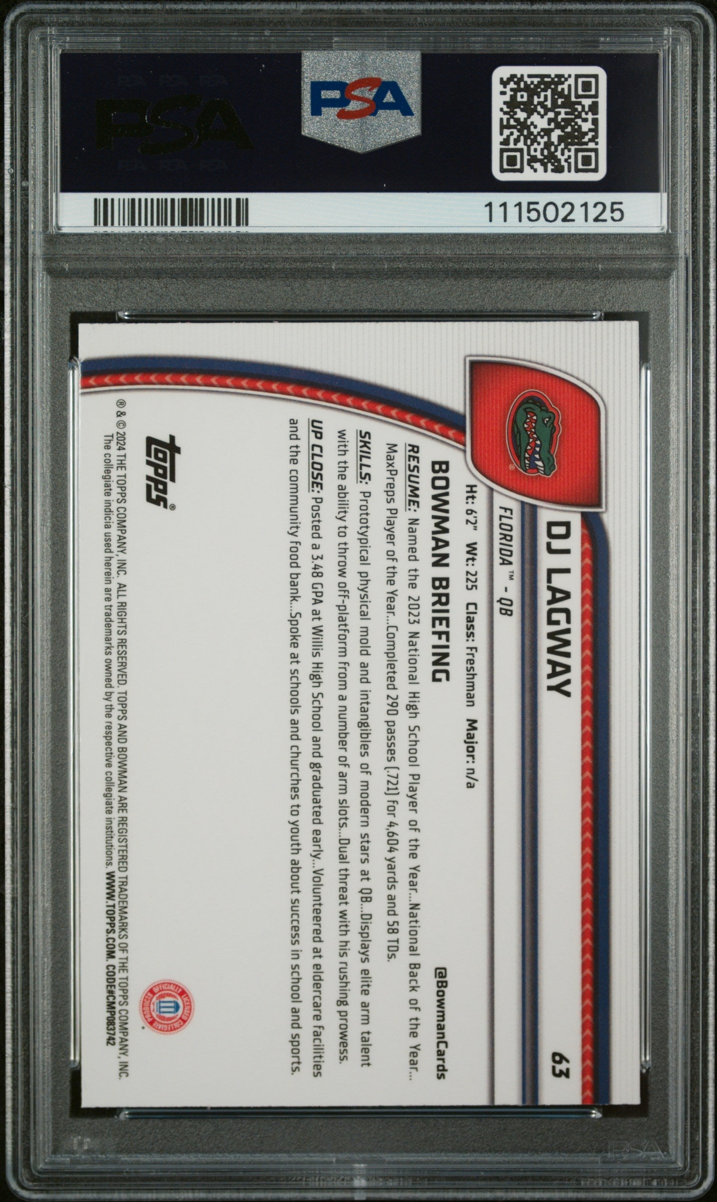 Graded 2024 Topps Bowman U Chrome DJ Lagway #63 Pink Lava Rookie RC Football Card PSA 10 Gem Mint