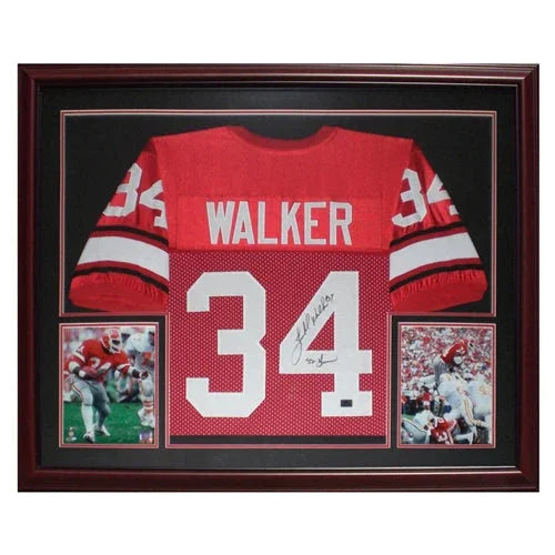 Herschel Walker Autographed Georgia Bulldogs (Red #34) Deluxe Framed Jersey w/ "82 Heisman"