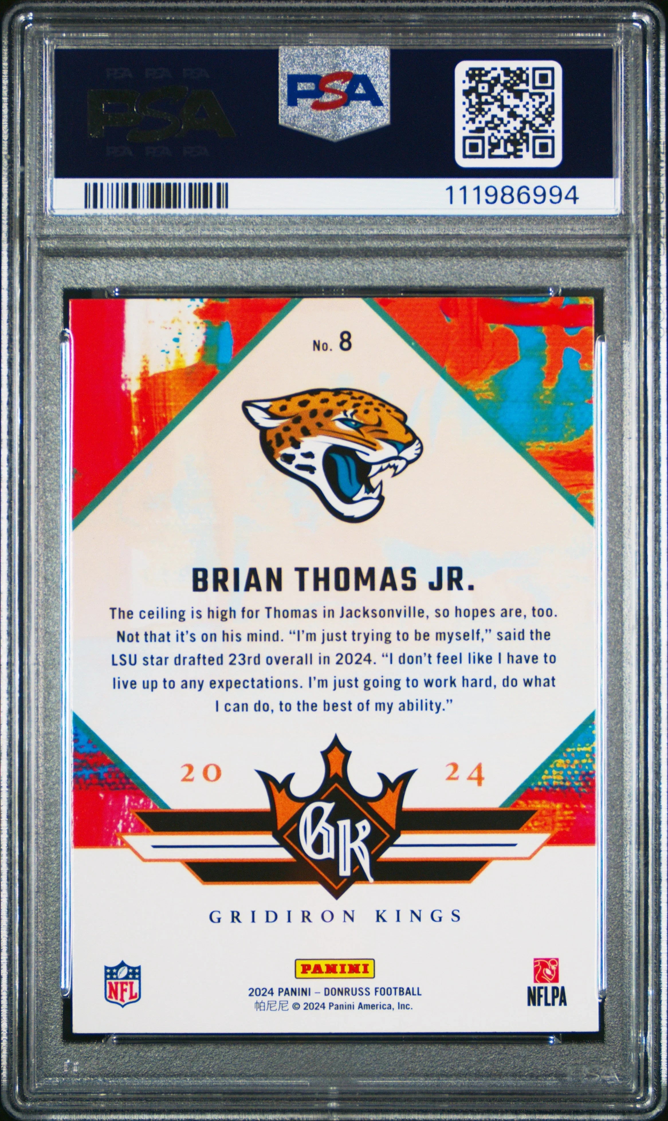 Graded 2024 Panini Donruss Brian Thomas Jr #8 Rookie Gridiron Kings Rookie RC Football Card PSA 10 Gem Mint