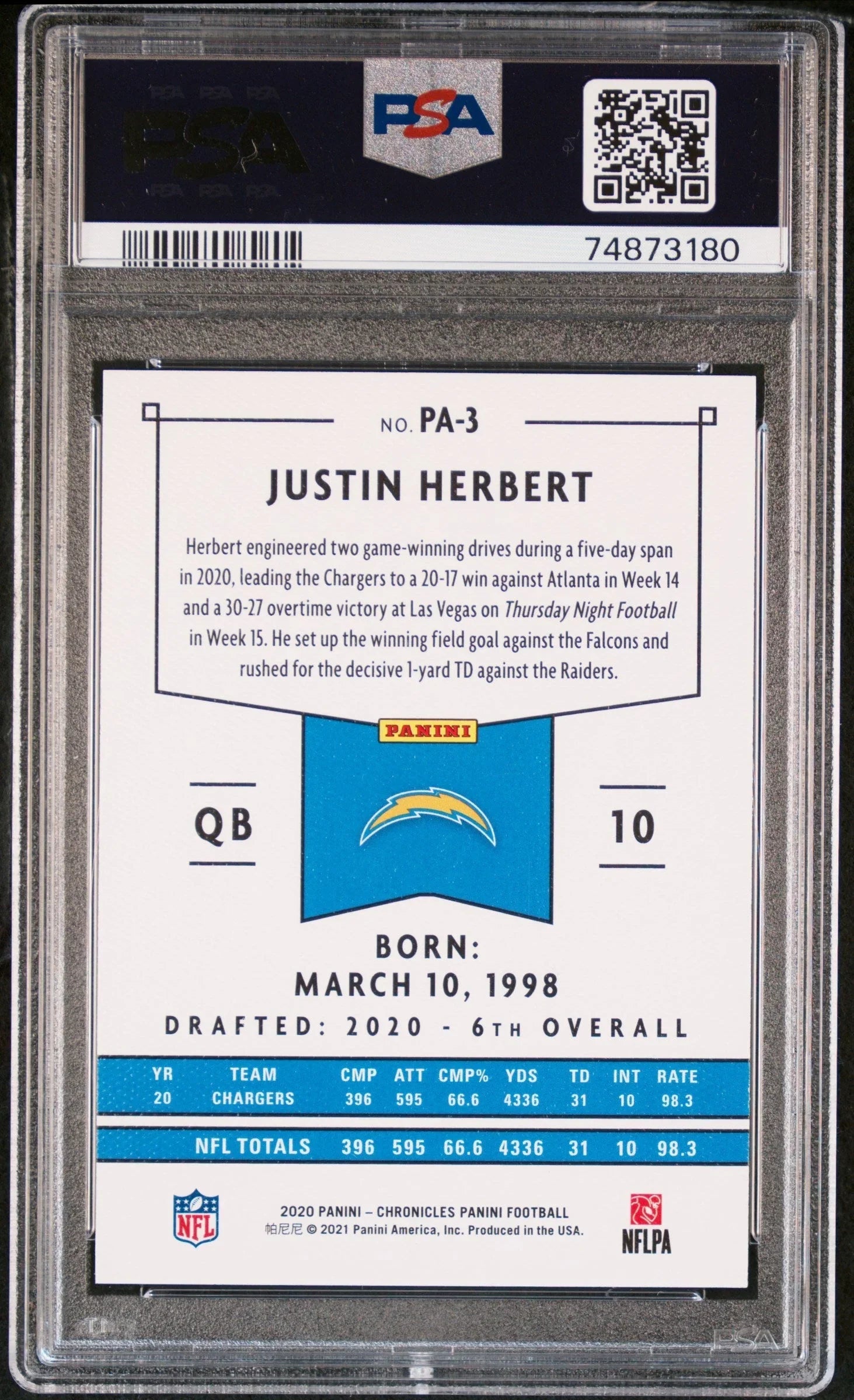 Graded 2020 Panini Chronicles Justin Herbert #PA3 Panini Rookie RC Football Card PSA 10 Gem Mint