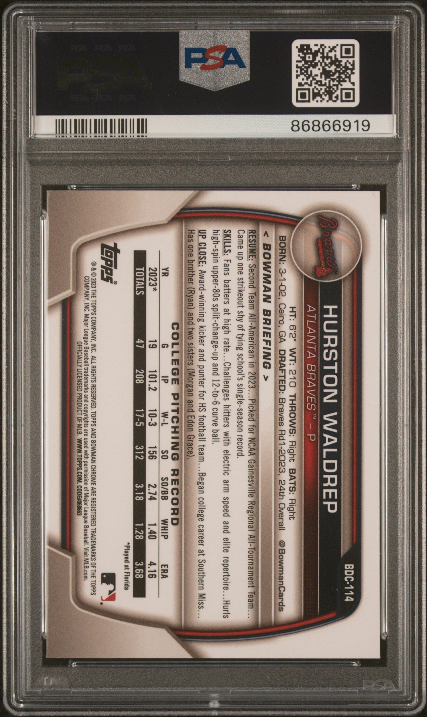 Graded 2023 Topps Bowman Draft Sapphire Hurston Waldrep #BDC114 Rookie RC Baseball Card PSA 10 Gem Mint
