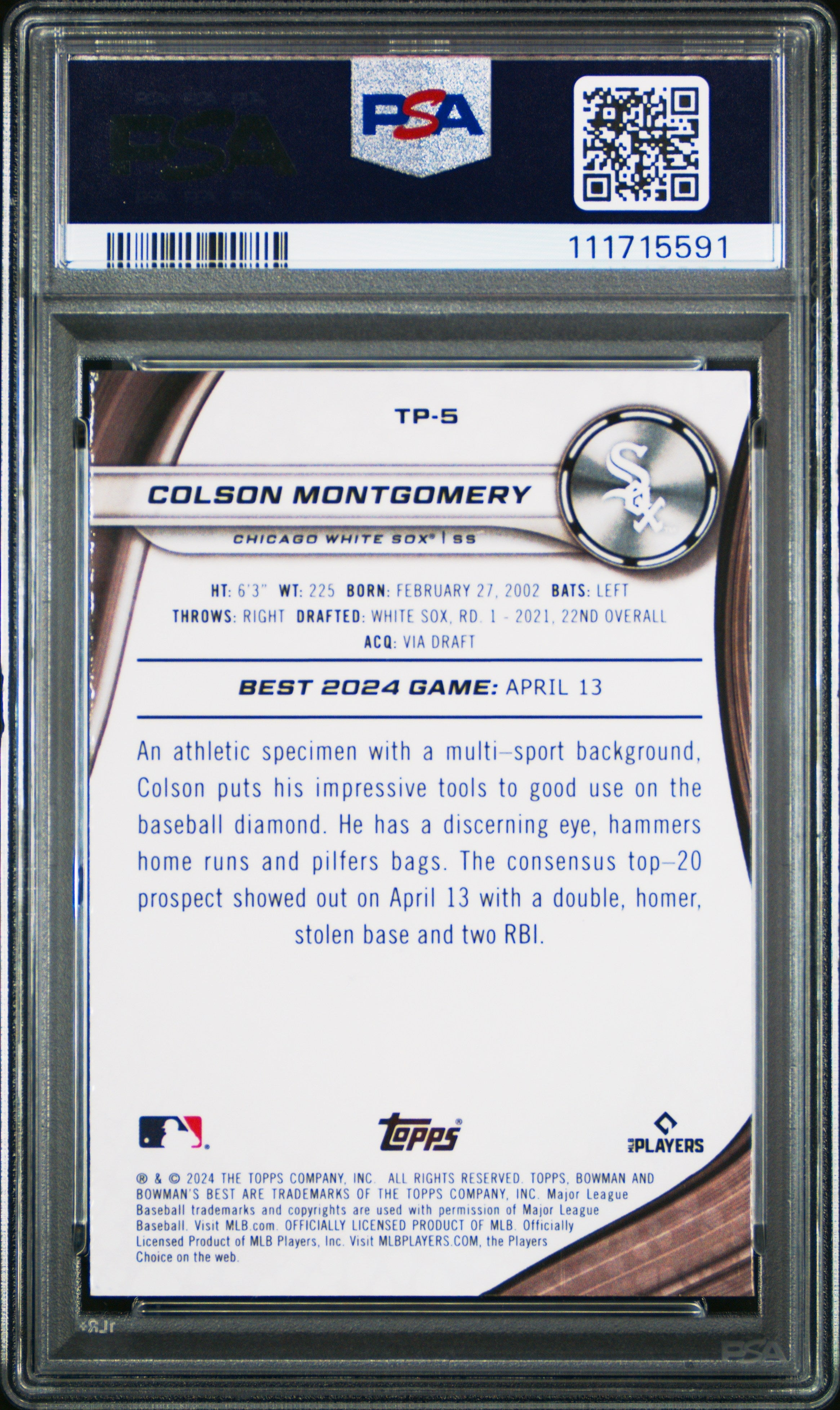 Graded 2024 Topps Bowmans Best Colson Montgomery #TP5 Top Prospects Gold Lava /50 Rookie RC Baseball Card PSA 10 Gem Mint