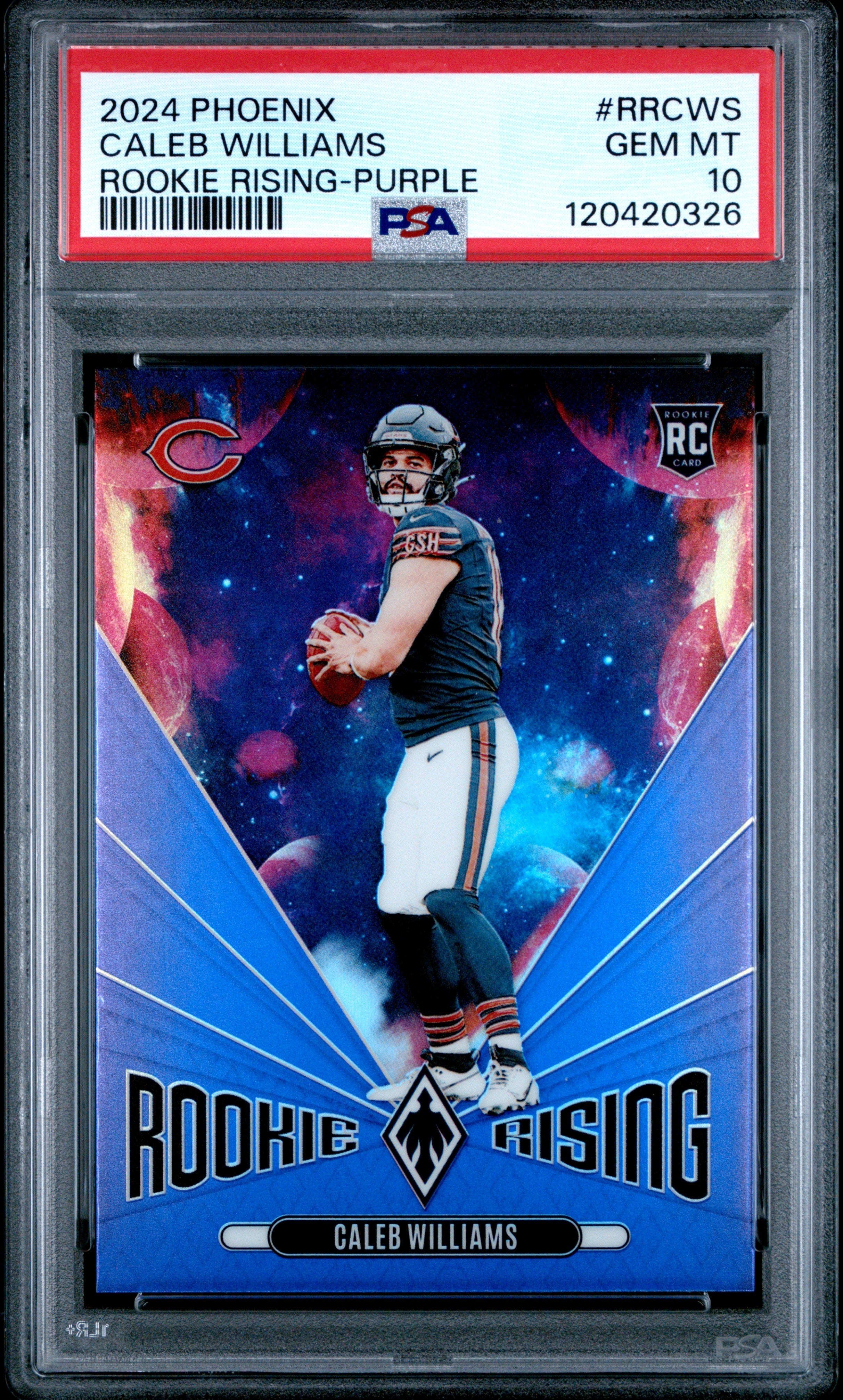 Graded 2024 Panini Phoenix Caleb Williams #RRCWS Rookie Rising Purple Rookie RC Football Card PSA 10 Gem Mint