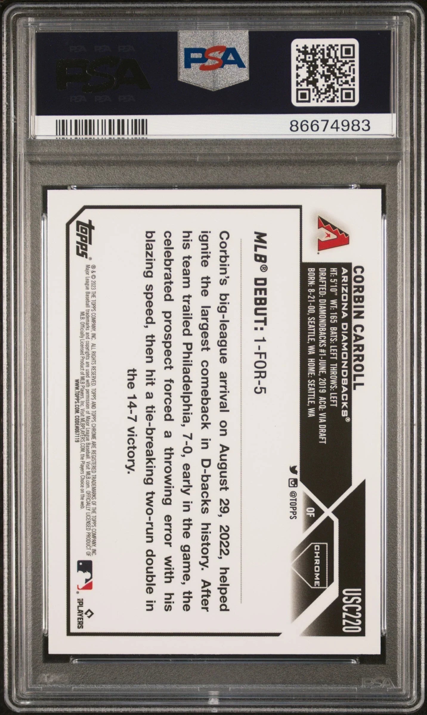 Graded 2023 Topps Chrome Update Corbin Carroll #USC220 Prism Rookie RC Baseball Card PSA 10 Gem Mint