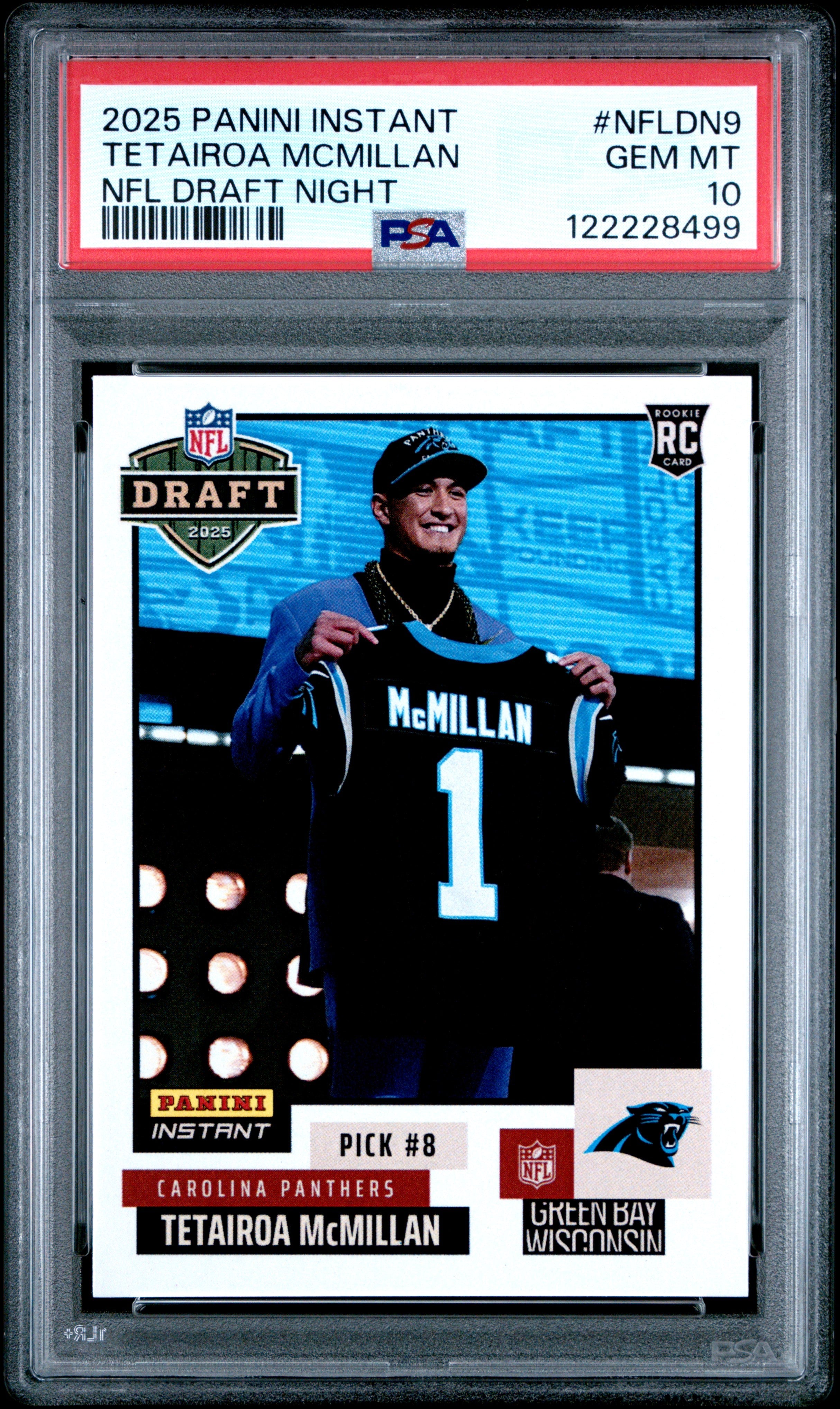 Graded 2025 Panini Instant Tetairoa McMillan #NFLDN9 NFL Draft Night Rookie RC Football Card PSA 10 Gem Mint