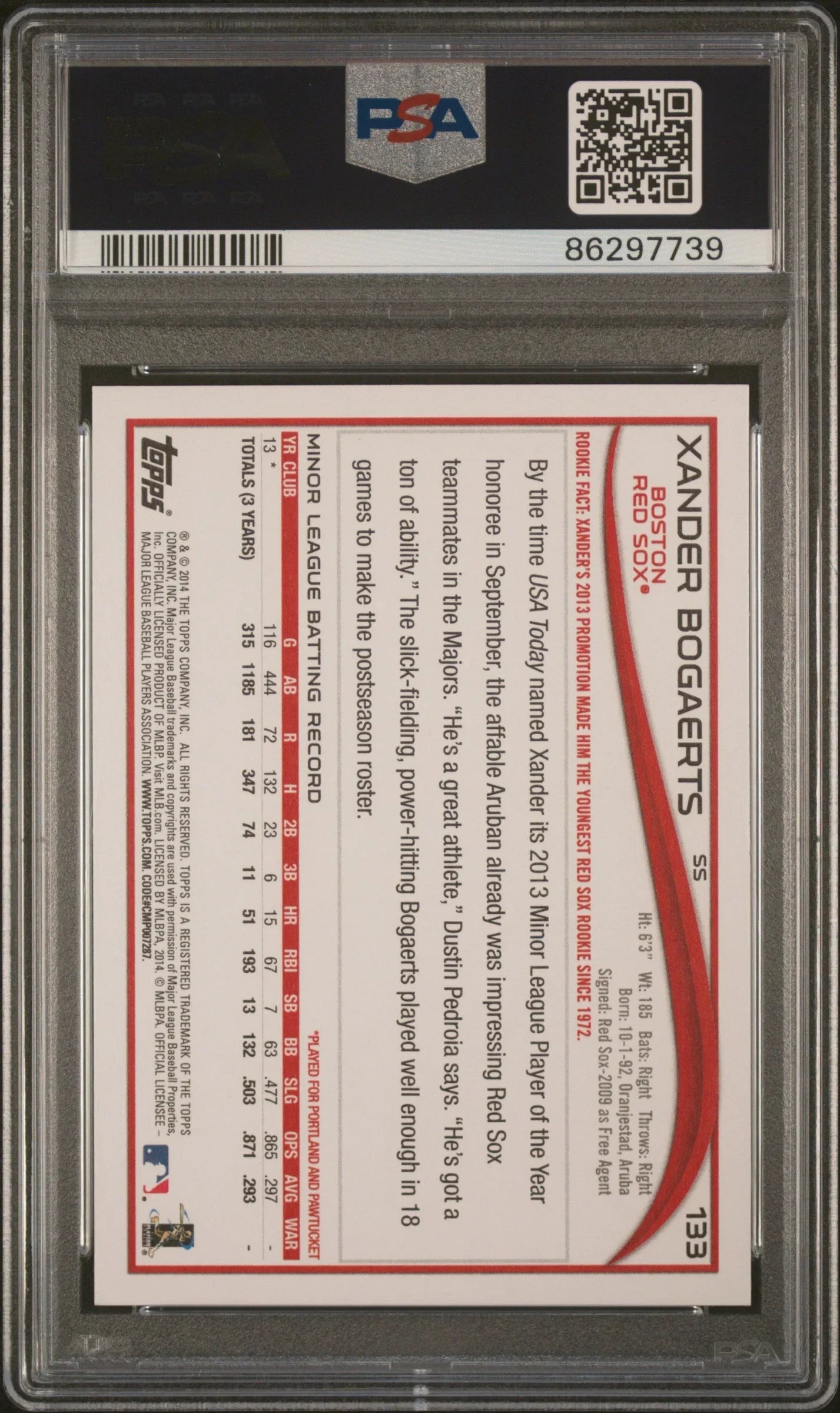 Graded 2014 Topps Xander Bogaerts #133 No Sparkle On Ball Rookie RC Baseball Card PSA 10 Gem Mint