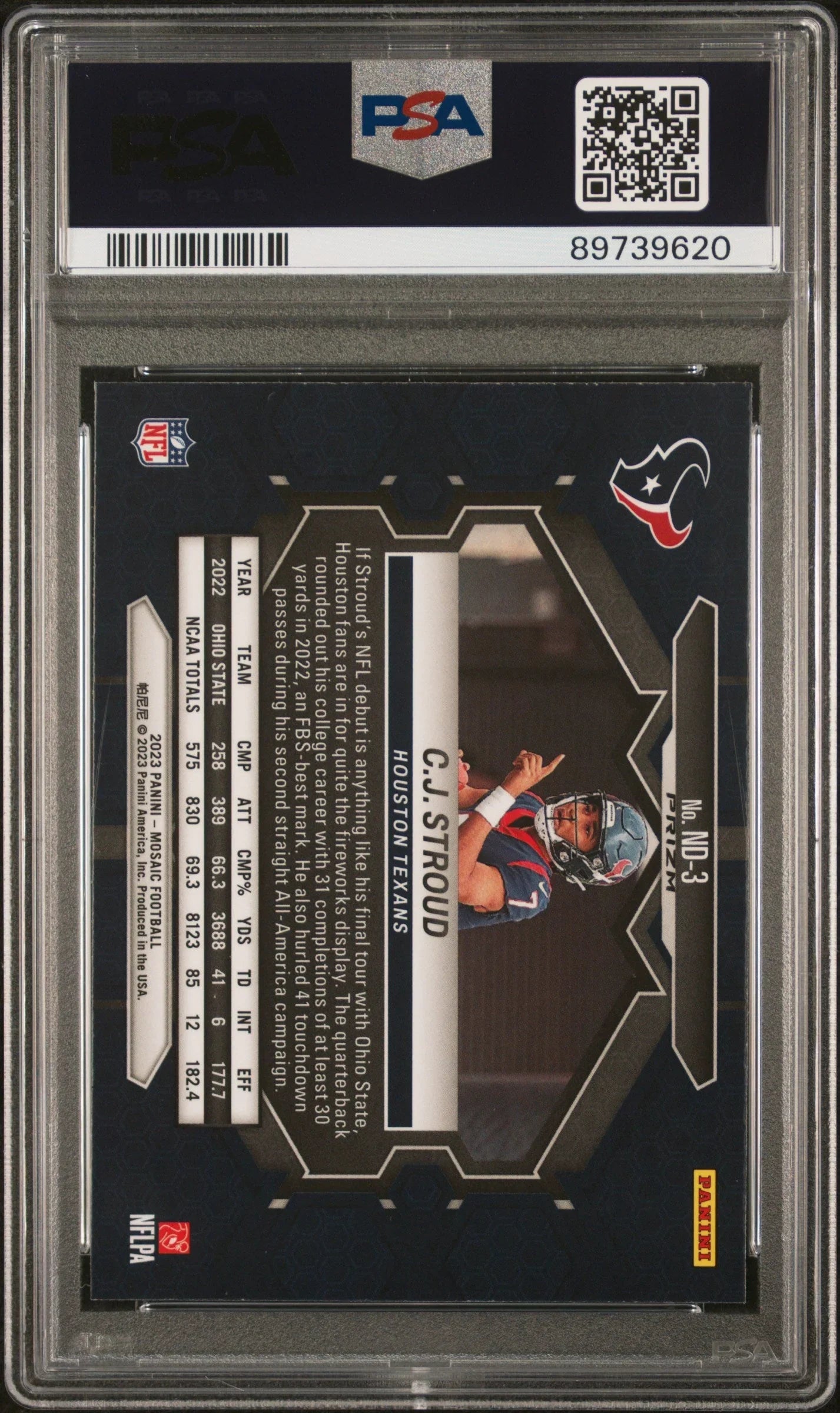 Graded 2023 Panini Mosaic CJ Stroud #ND3 NFL Debut Reactive Blue Rookie RC Football Card PSA 10 Gem Mint