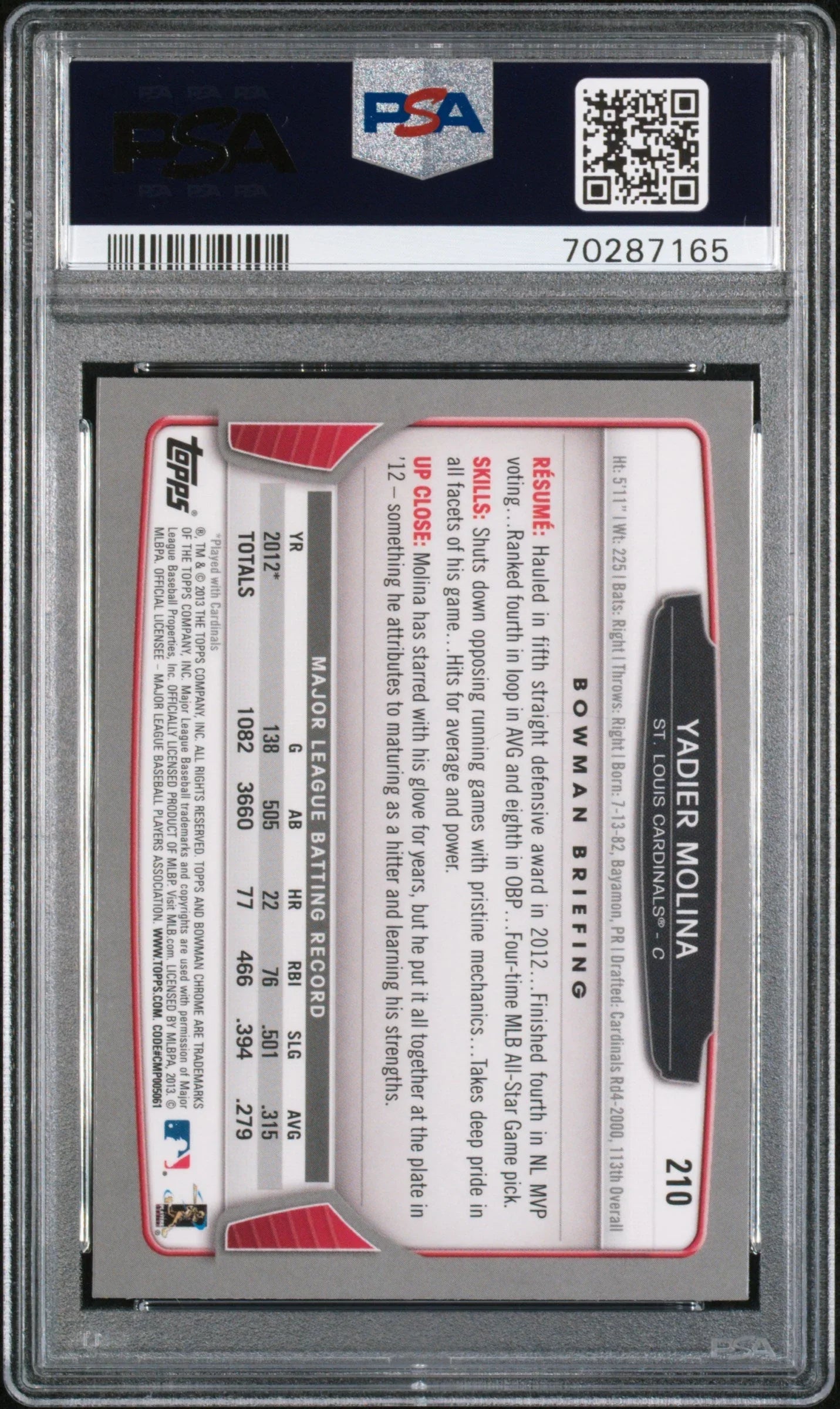 2013 BOWMAN CHROME YADIER MOLINA  #210 - PSA 10