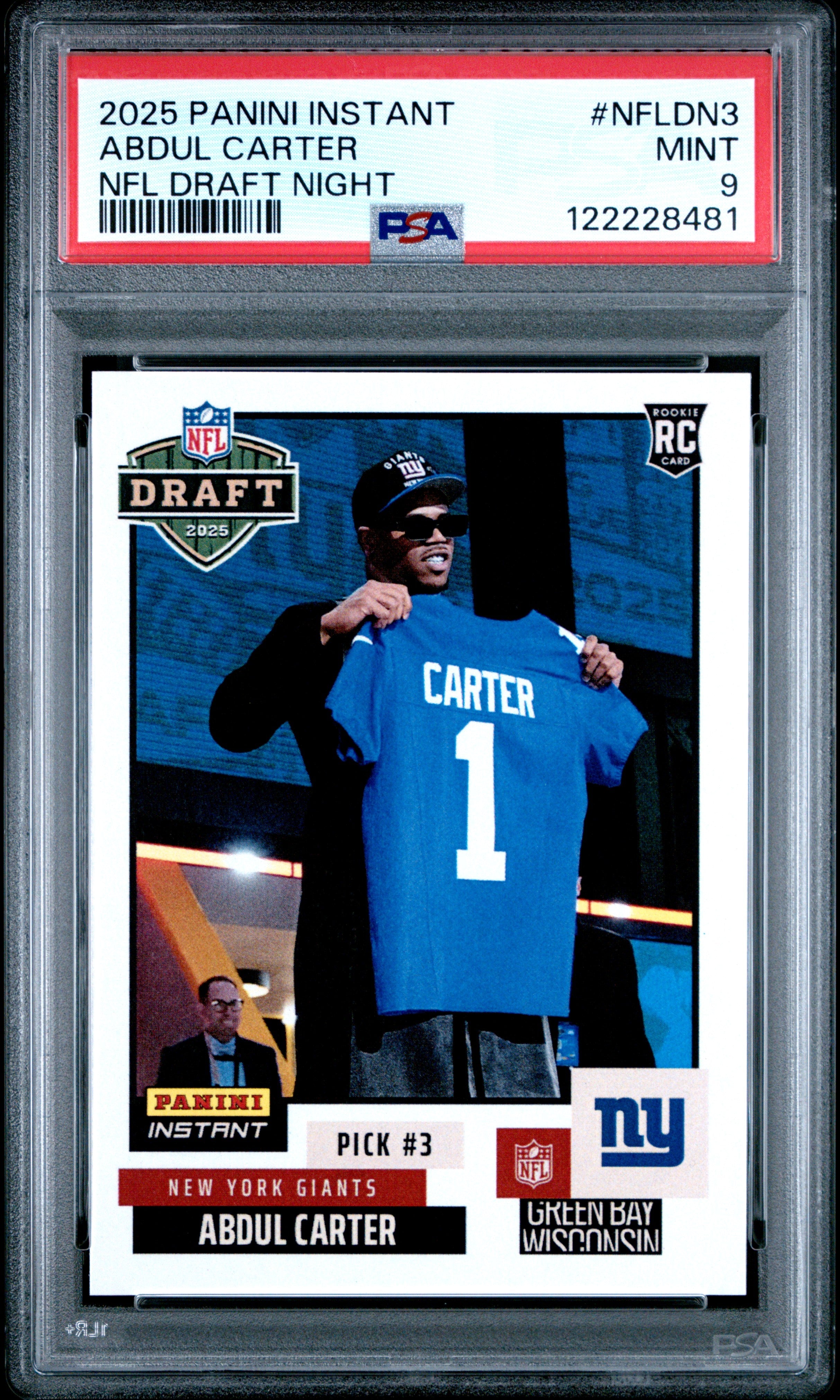 Graded 2025 Panini Instant Abdul Carter #NFLDN3 NFL Draft Night Rookie RC Football Card PSA 9 Mint