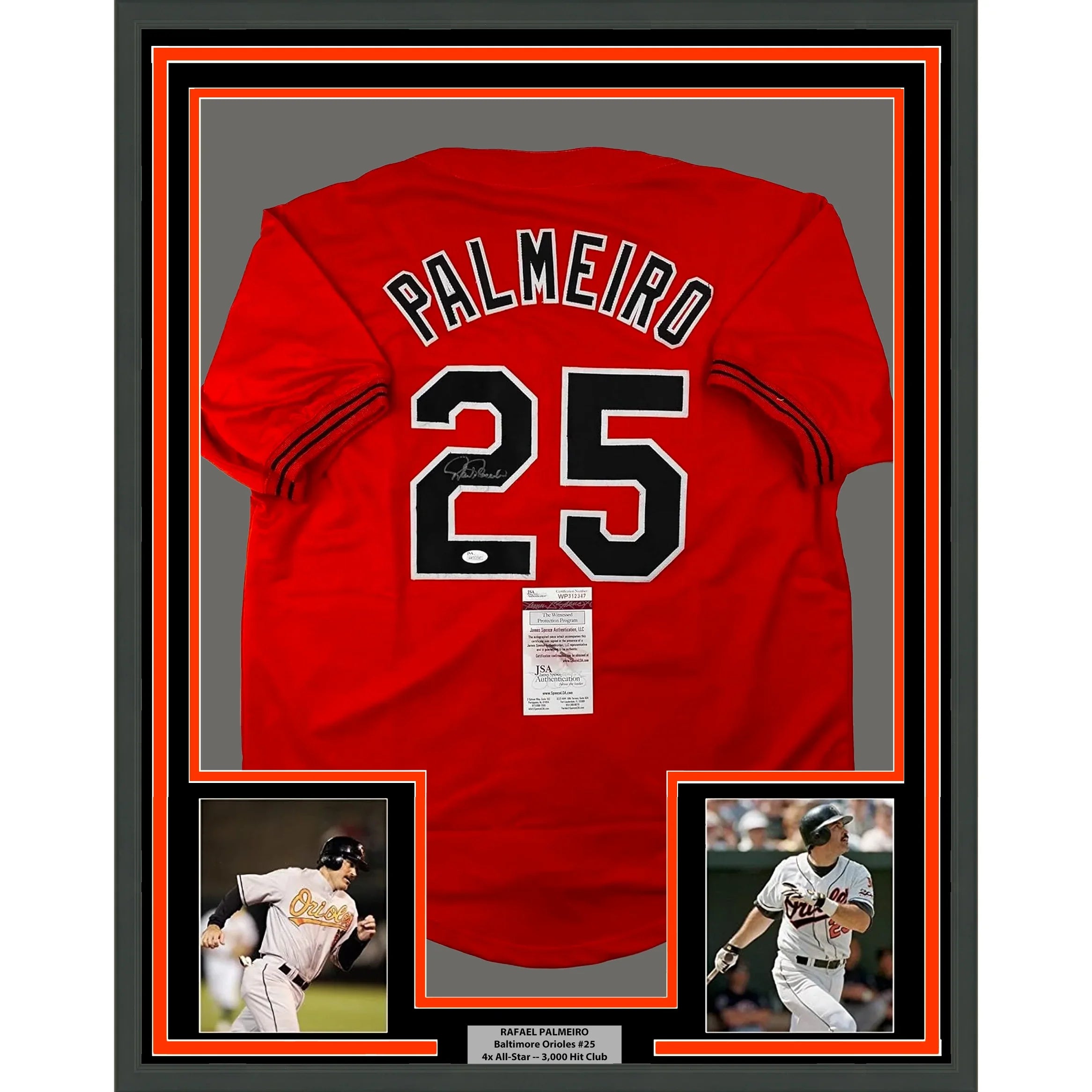 Framed Autographed/Signed Rafael Palmeiro 35x39 Baltimore Orange Baseball Jersey JSA COA