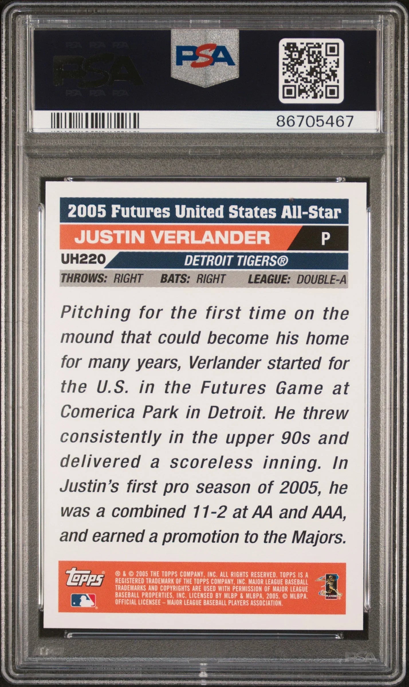 Graded 2005 Topps Justin Verlander #UH220 Updates & Highlights Rookie RC Baseball Card PSA 10 Gem Mint