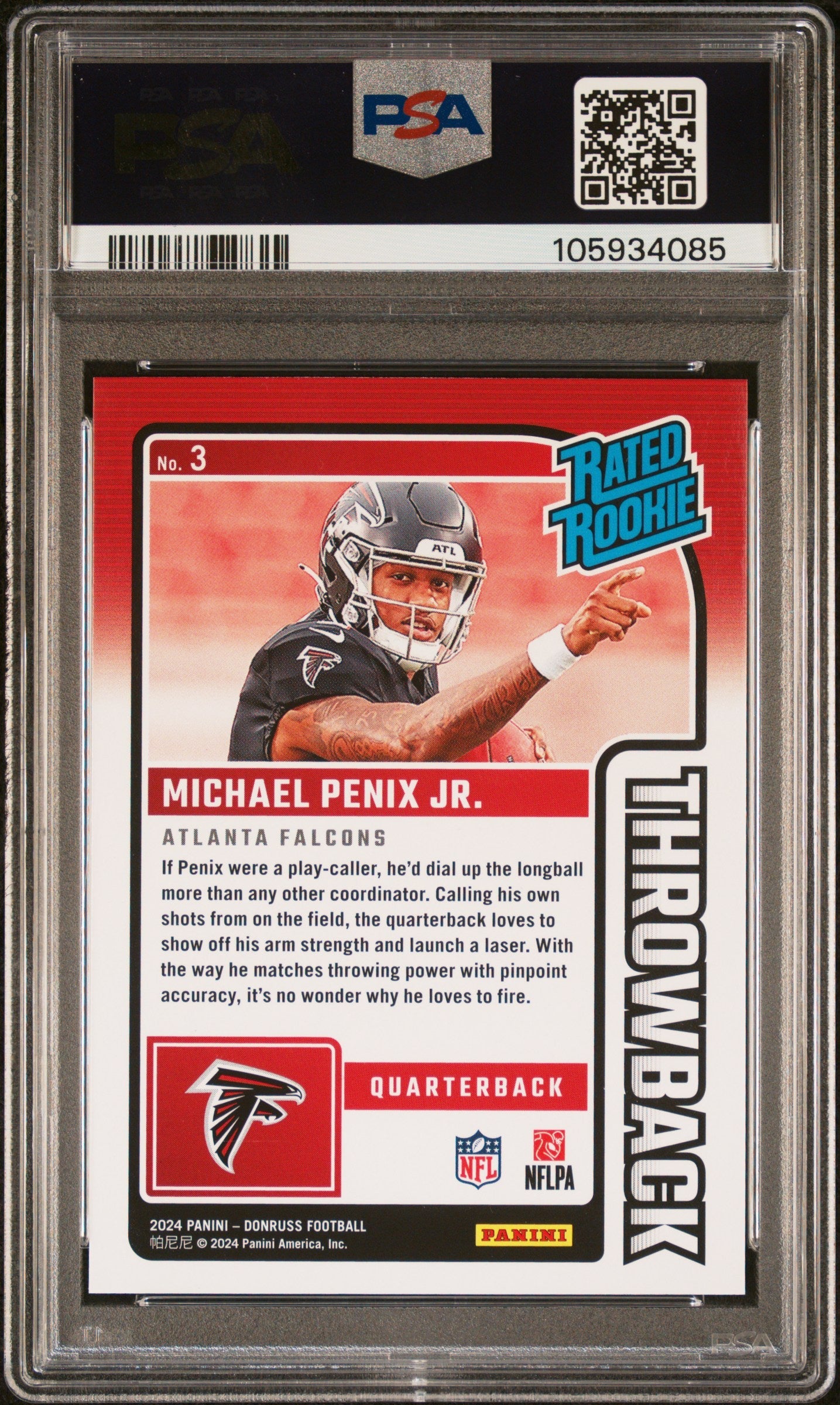 Graded 2024 Panini Donruss Michael Penix Jr #3 Rated Rookies Throwback Rookie RC Football Card PSA 10 Gem Mint