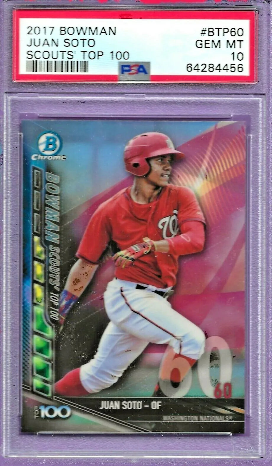 Graded 2017 Topps Bowman Juan Soto #BTP60 Scouts Top 100 Rookie RC Baseball Card PSA 10 Gem Mint