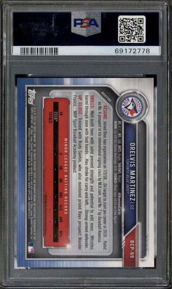 Graded 2019 Topps Bowman Orelvis Martinez #69 Prospects Chrome Rookie RC Baseball Card PSA 10 Gem Mint