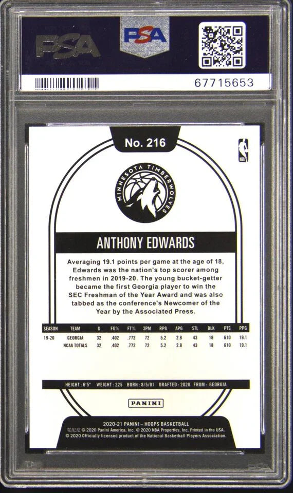 Graded 2020-21 Panini Hoops Anthony Edwards #216 Blue Rookie RC Basketball Card PSA 10 Gem Mint