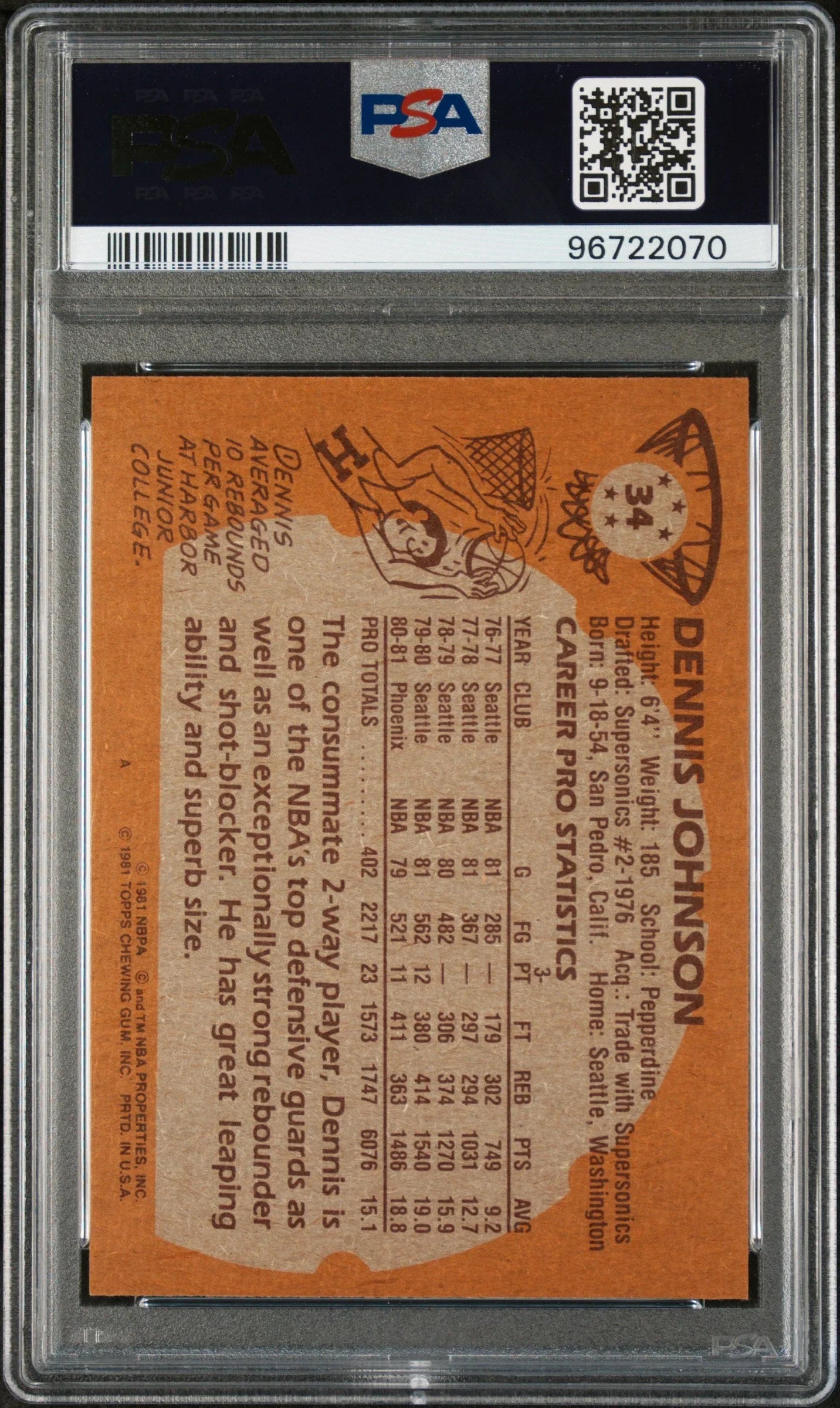 1981 TOPPS DENNIS JOHNSON  #34 - PSA 9