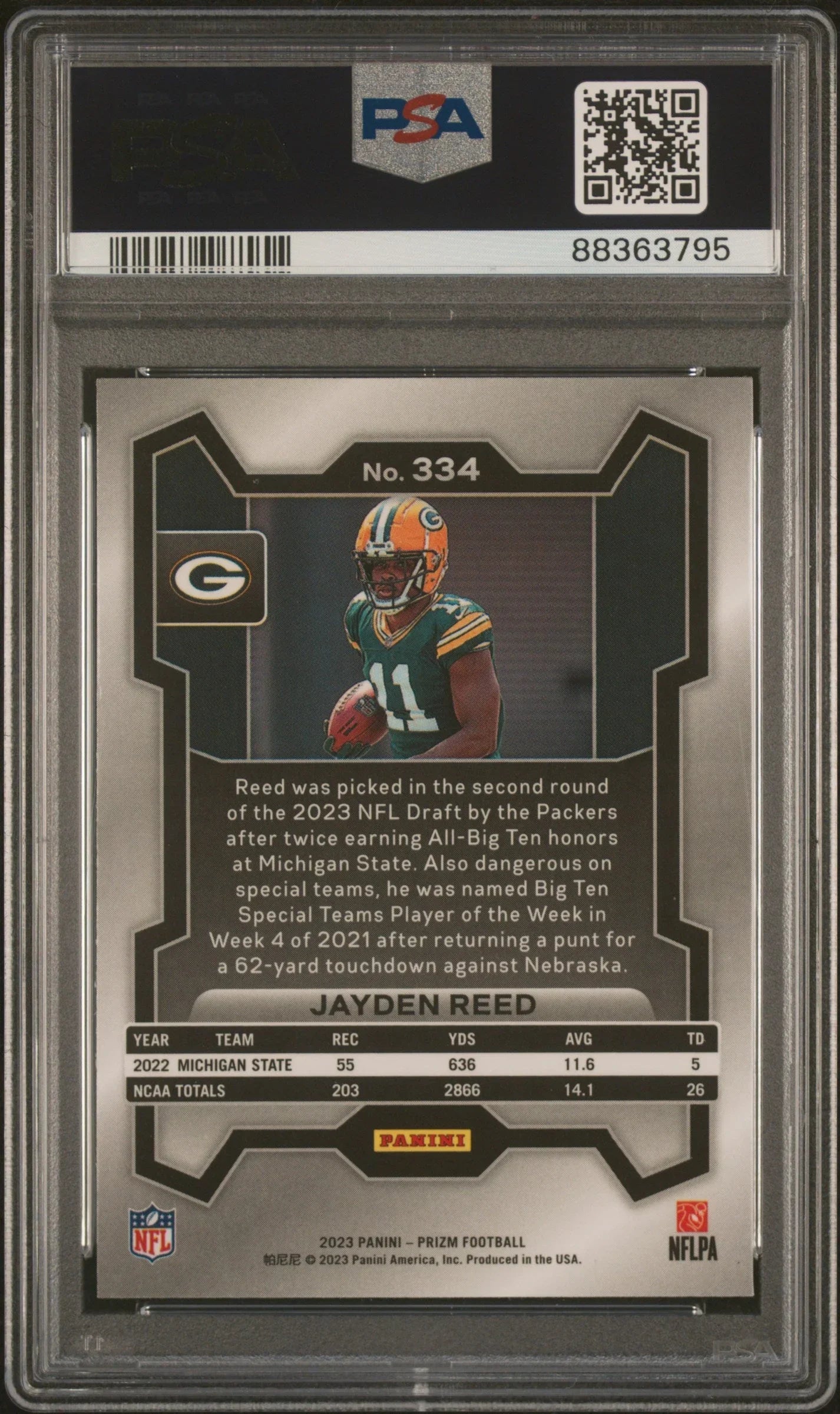 Graded 2023 Panini Prizm Jayden Reed #334 Rookie RC Football Card PSA 10 Gem Mint