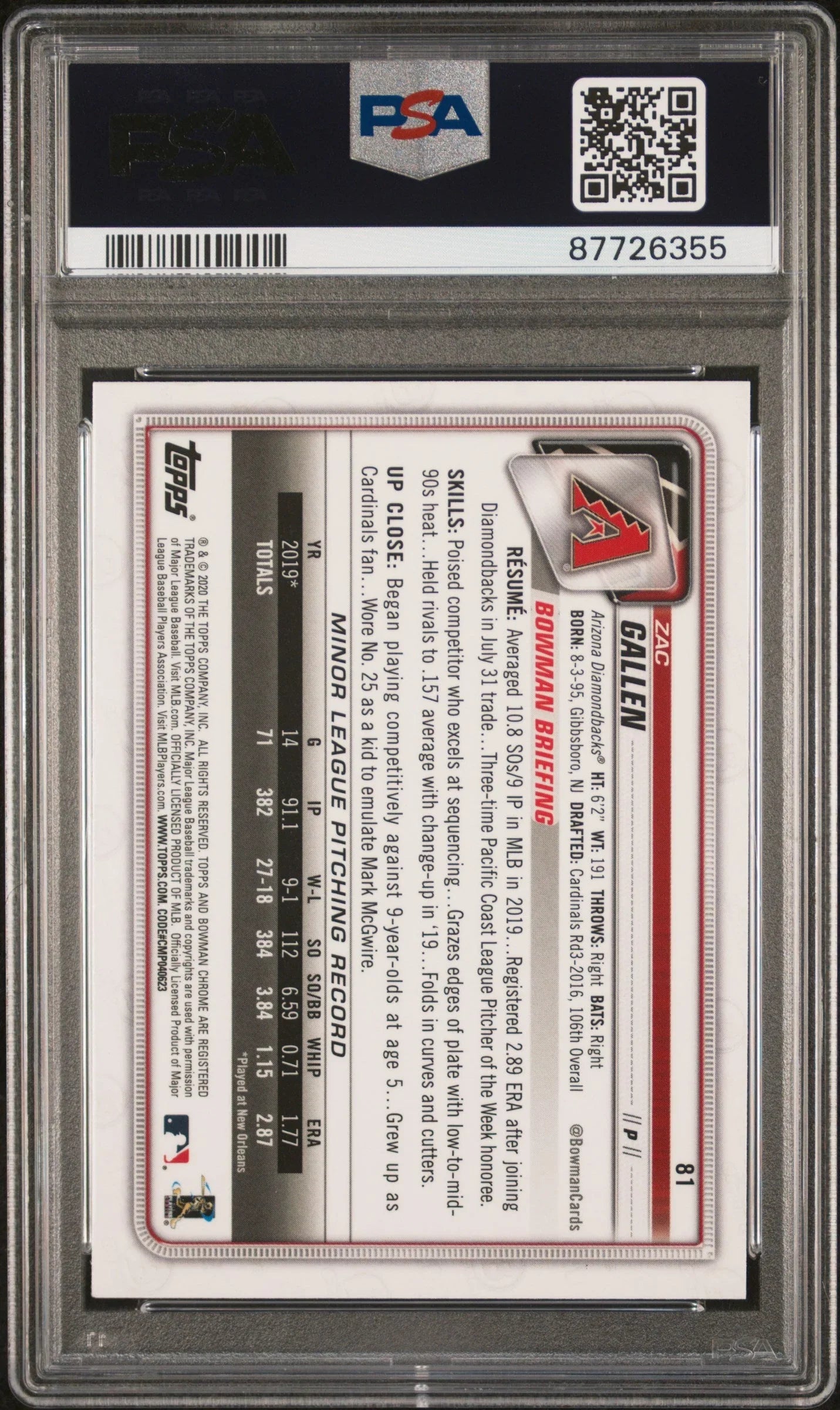 Graded 2020 Topps Bowman Chrome Zac Gallen #81 Rookie RC Baseball Card PSA 10 Gem Mint