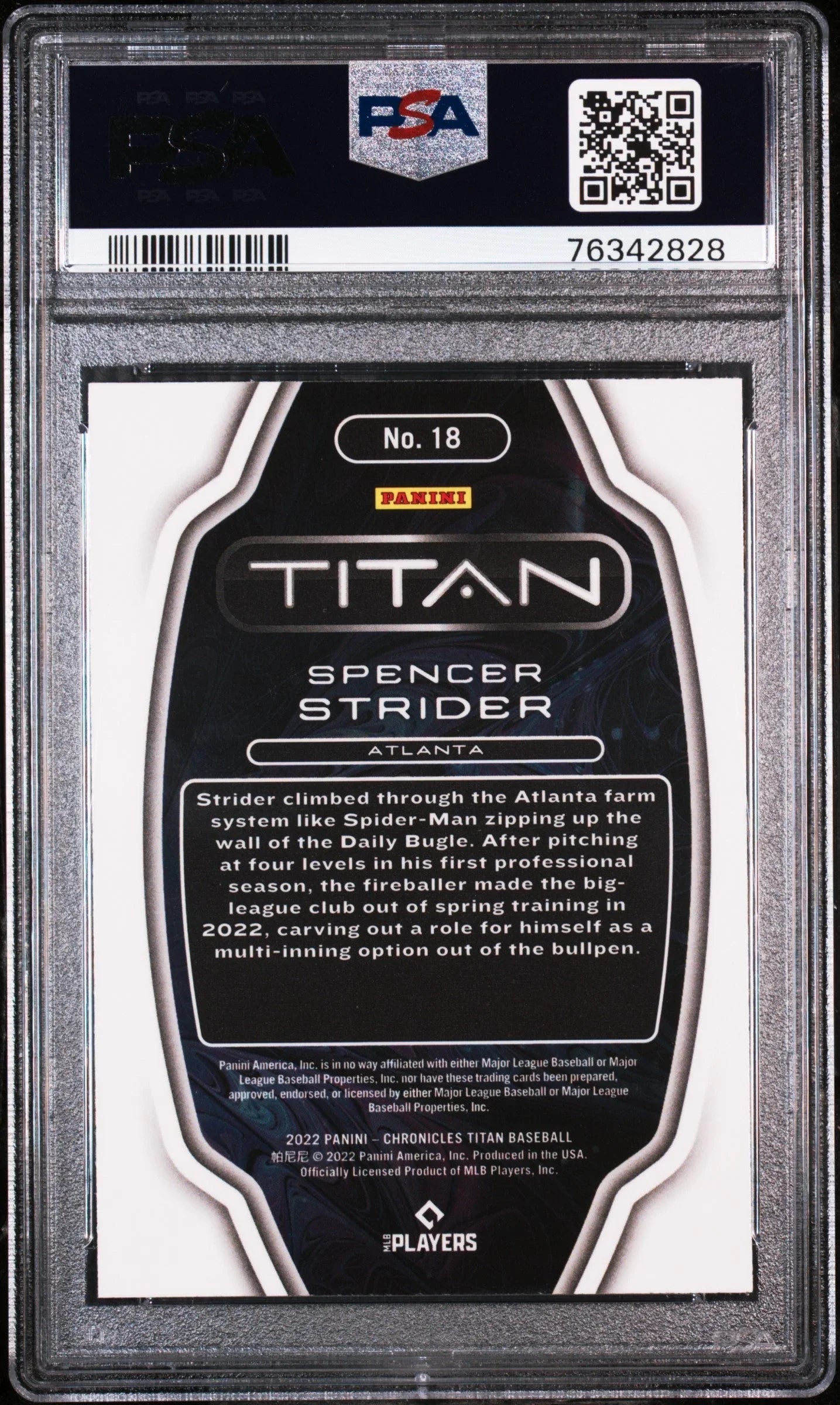 Graded 2022 Panini Chronicles Spencer Strider #18 Titan Rookie RC Baseball Card PSA 10 Gem Mint
