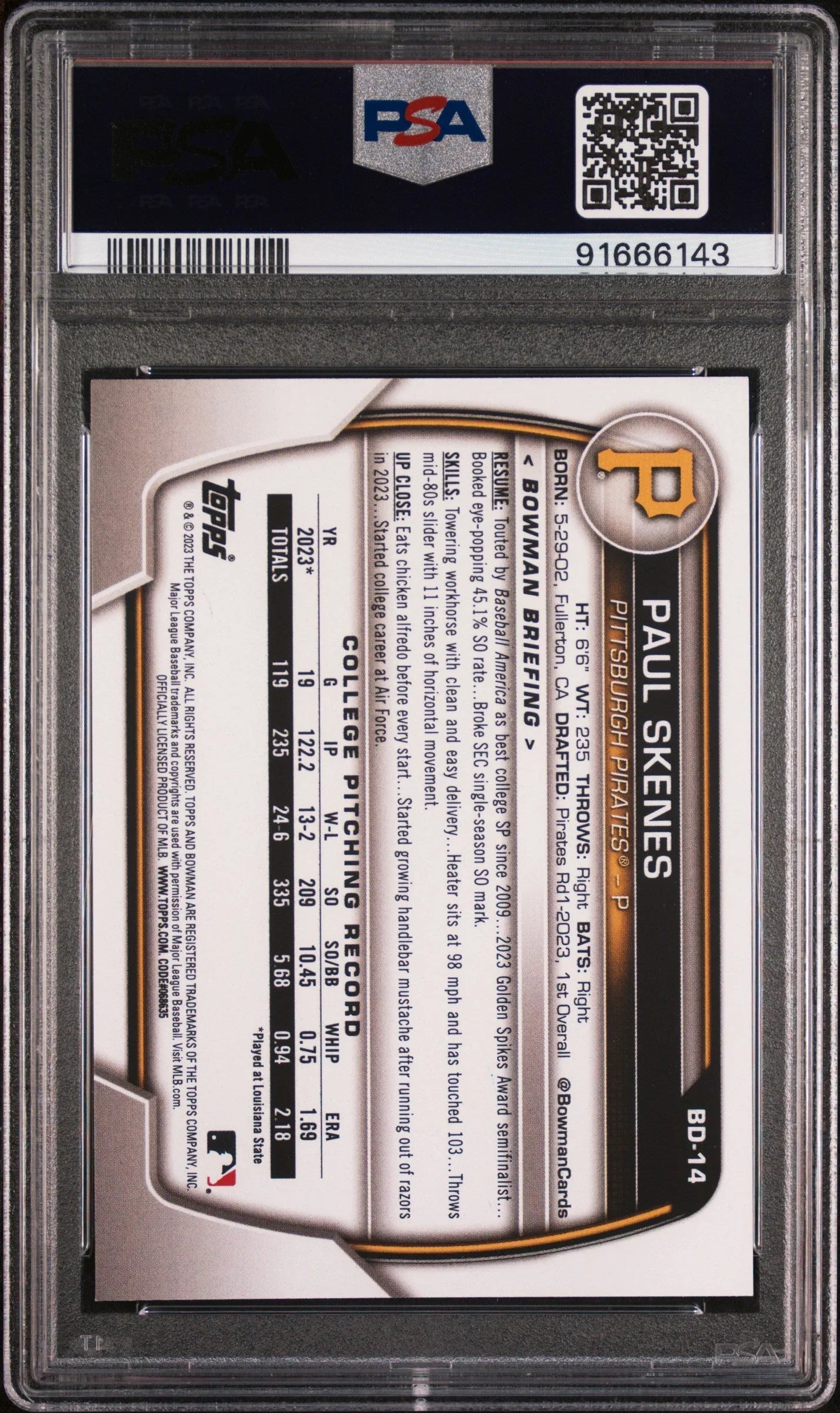 Graded 2023 Topps Bowman Draft Paul Skenes #BD14 Rookie RC Baseball Card PSA 9 Mint