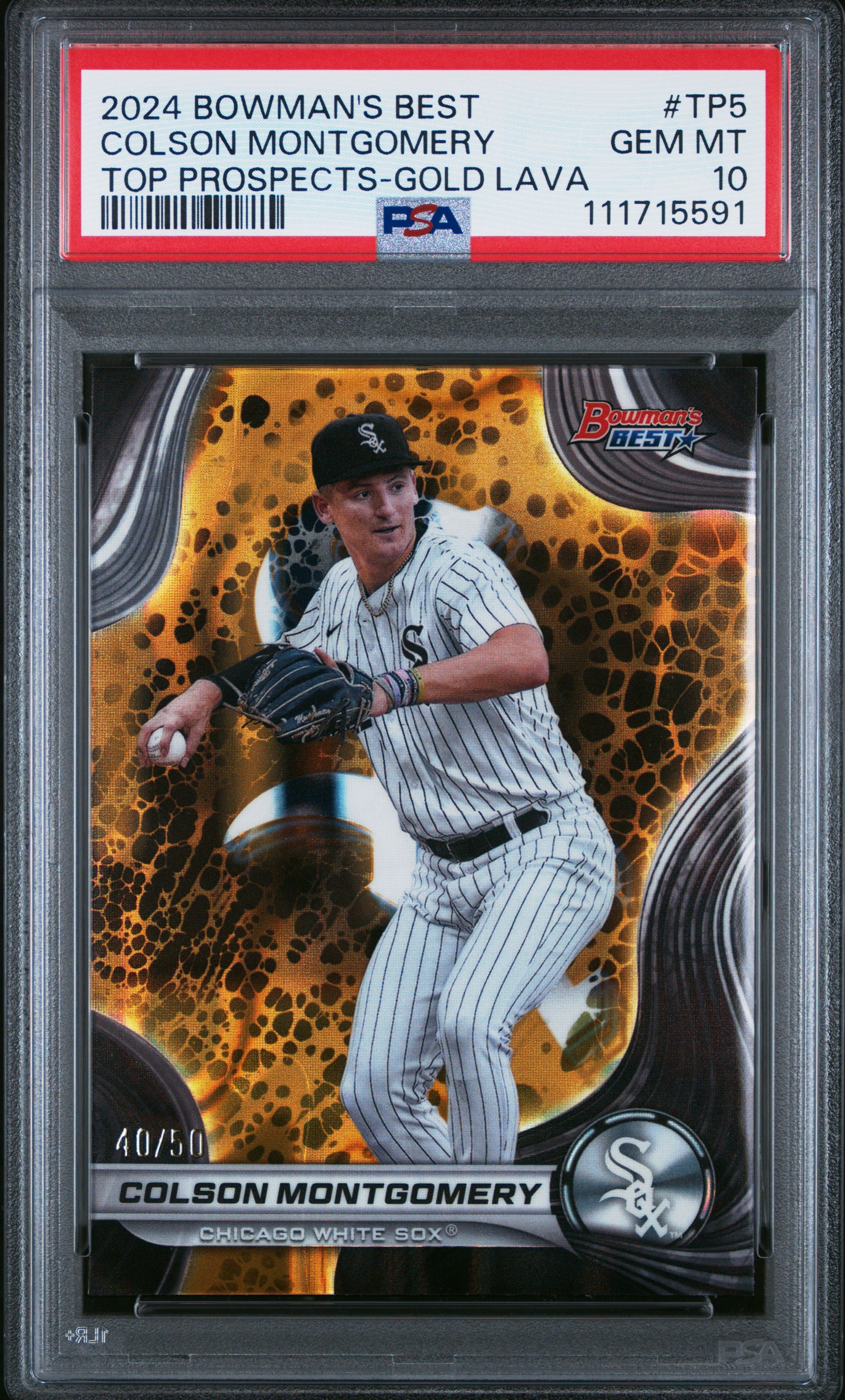 Graded 2024 Topps Bowmans Best Colson Montgomery #TP5 Top Prospects Gold Lava /50 Rookie RC Baseball Card PSA 10 Gem Mint